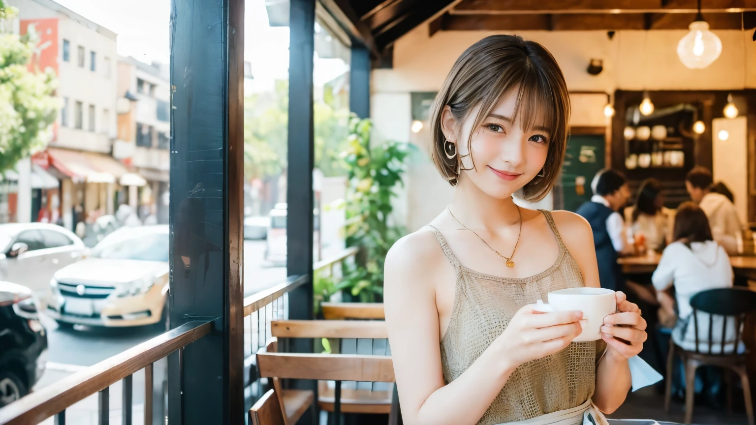 super high quality, Short Hair, Slender, Gravure photoshoot, The staff is working at the counter in the back., (8k、RAW Photos、highest quality、masterpiece:1.2), Japanese Idol, Shaggy, Sportswear, Stylish café, The cafe is crowded with people enjoying themselves., (Realistic、Photorealistic:1.37), Mesh Hair, Urban Cafe, Golden Ratio, Raw photo, Cute face , Light Brown Hair, Earrings, Small breasts, Bright cafe interior, Spring Clothes, necklace, Spoiled, Cafe Terrace, Open Cafe, Open Cafeの前に高級車, Smile, Hair blowing in the wind, Neat clothes, 18-year-old, younger sister, 
