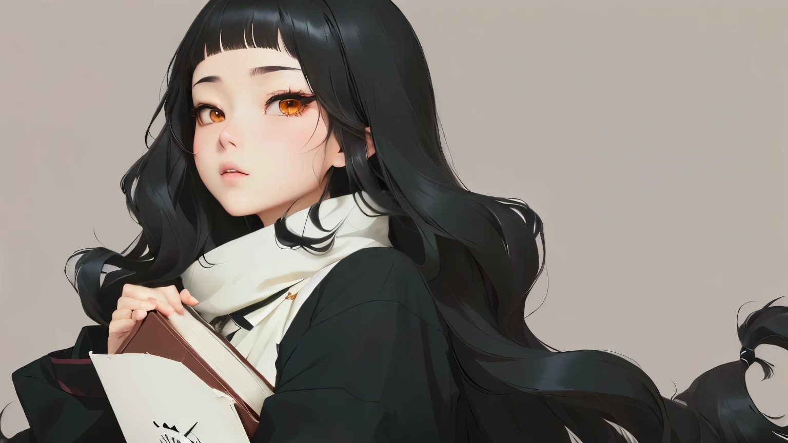 Anime girl with long black hair holding a book, Beichuan Ma Lin fan art, author：Yukika Kosaka, Anime style, Demon Slayer Rui Fan Art, Cartoon rendering art style, Colored line drawing, 扁平Anime style阴影, High-quality fanart, Digital Color, Beauvot Art Style, tumblr, & Her expression is serious.