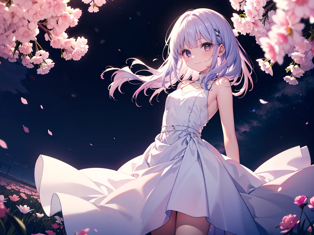 Red and white dress, Purple eyes, Beautiful details、 Shining Eyes, (((Pink, white and light blue hair)))、Black Hair、(((One Girl))),Multicolored Hair、Inner Color、28歳woman、Shortcuts、1 girl、Big smile、Beautiful sky、8K background、Medium Chest、whole body、woman、((((Place your arms behind your back)))),No sleeve、(((Black Knee High)))、Beautiful background