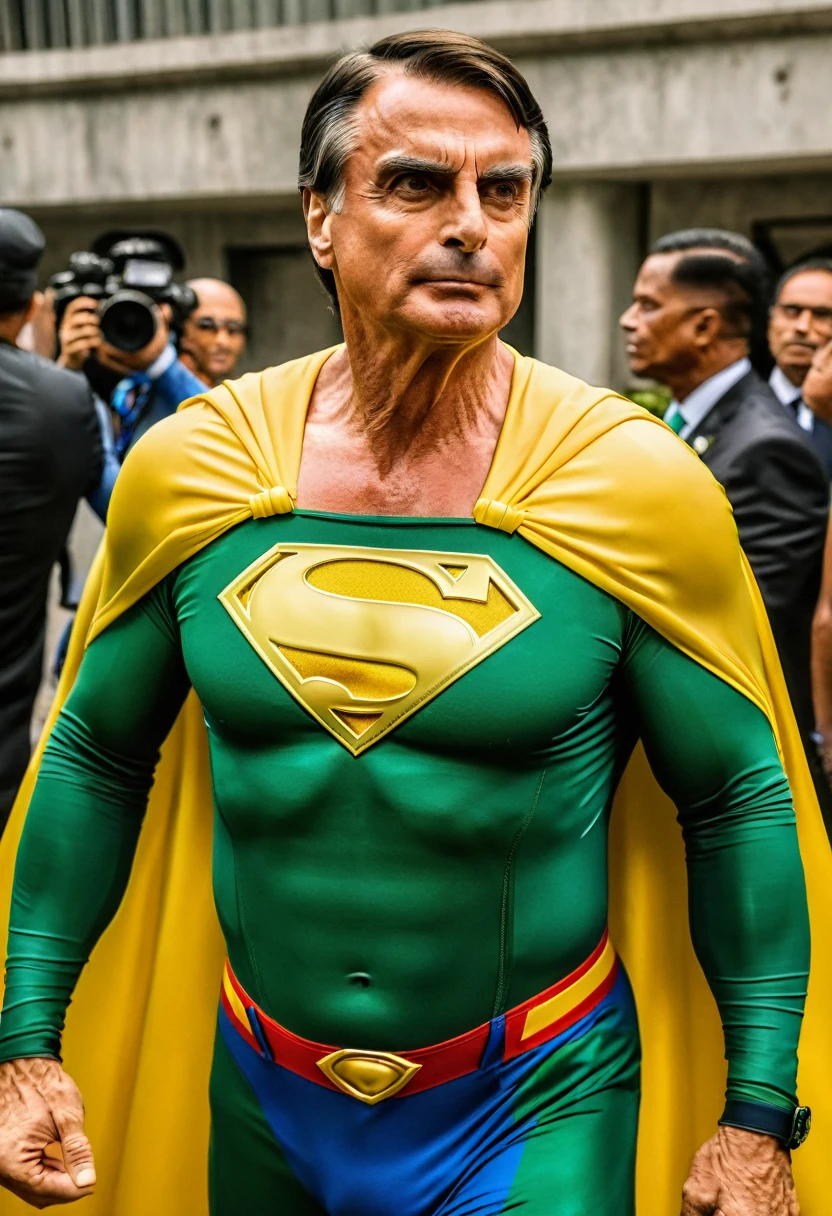 Muscular body, Superman's outfit but it is green, yellow and blue, face of former president of Brazil Jair Messias Bolsonaro,