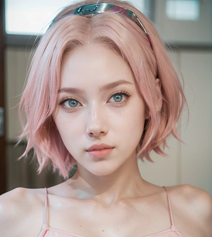 young woman, short shoulder-length pink hair, wide forehead, porcelain skin, pink eyebrows, big emerald green eyes, buttoned nose, full lips, heart-shaped face, slender body, small breasts, red tank top, Sakura Haruno , realistic, realism, details, 3d, well detailed