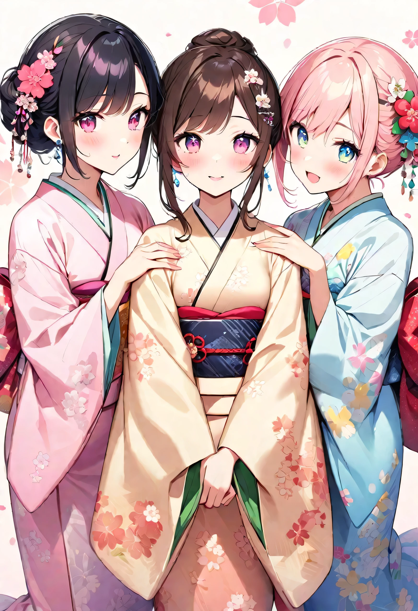 highest quality、High resolution、Detailed Background、(Beautiful face in every detail:1.4)、Anatomically correct、(Detailed facial expressions)、(Detailed eyes:1.2)、Beautiful, smooth skin、Teenage beauty、(Three Women)、(Highly detailed face:1.4)、well-groomed eyebrows、 Adult Style、Sunny outdoors、
(Three beautiful girls having fun with their friends:1.5)、
For the color of the kimono, choose soft colors such as pretty pink, pale cherry blossom, and light blue to create a girly impression.、
Cherry blossoms and plum blossoms are timeless and long-loved patterns.、Small floral patterns are recommended.、
like々To bring out your beauty, it is a good idea to choose a kimono with a bright background color and a gorgeous pattern.、
Choose the color and pattern of the obi while considering how it will coordinate with your kimono.、
To emphasize cuteness, we recommend obi in soft colors or designs with small floral patterns or ribbons.、
You can also add a cute touch to your geta.、
Choose sandals with colorful floral patterns, glitter, or ribbons to add a touch of glamour to your feet.、
Simple and elegant accessories go well with Japanese clothing.、
Wearing earrings or a necklace with a small flower motif and a thin bracelet on your wrist will make you look even cuter.、
For hair accessories, try incorporating small hairpins or kanzashi with cherry blossom or plum blossom motifs.、
Consider an updo or a bun hairstyle that matches the design of your kimono and your personality.、
You can enjoy unique styling with hair accessories and hairpins.、
Add pink or cherry blossom blush to your natural and clean base makeup.、
Use soft colored eyeshadows to add a touch of glamour to your eyes.、
For your lips, choose a pale pink or cherry blossom color to make yourself look even cuter.
