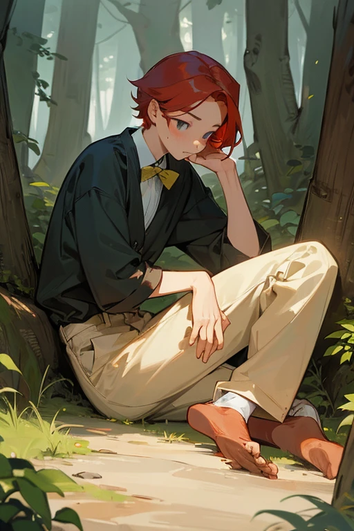 (masterpiece:1.2, highest quality), forest, A boy, boy, Redhead, , thought