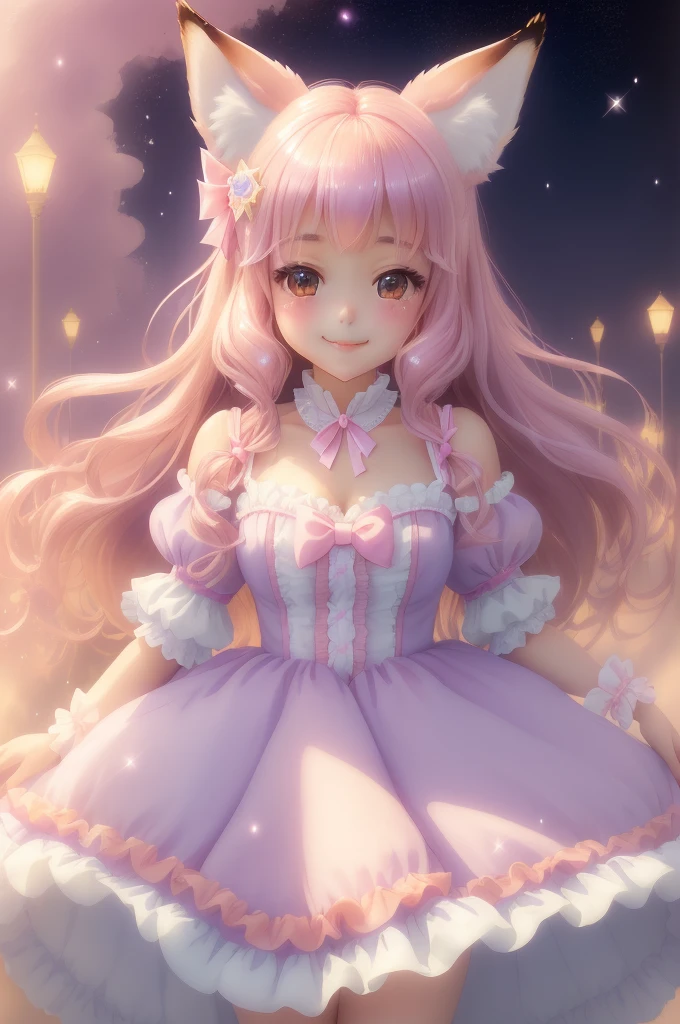 超スペシャルcute,cute,smile、Princess Fashion,pastel,ribbon,Frills,Shine,cute、Fox ears、Supernatural、Another world、Ultra Detail、Brilliant、Magic Lighting、trajectory、 Light dust、beautiful、Cinematic lighting、 Bokeh effect