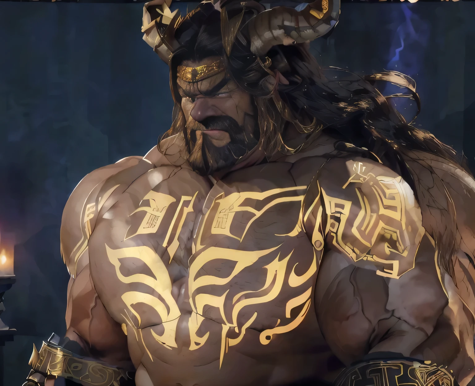 Big, burly Chinese man，Long golden brown hair，He has horns，mythological figure，A burly middle-aged man，He has extremely huge, strong pecs，His muscles are extremely full and firm，His muscles are engraved with golden runes，Stone shackles were placed on his forearms，Iron Fist 7，His expression was angry and serious