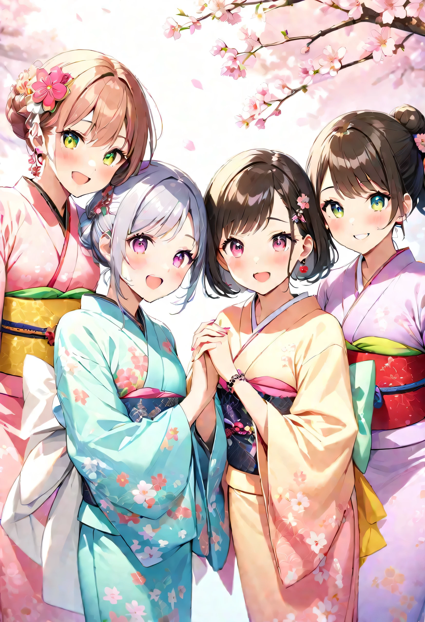 highest quality、High resolution、Detailed Background、(Beautiful face in every detail:1.4)、Anatomically correct、(Detailed facial expressions)、(Detailed eyes:1.2)、Beautiful, smooth skin、Teenage beauty、(Three Women)、(Highly detailed face:1.4)、well-groomed eyebrows、 Adult Style、Sunny outdoors、
(Three beautiful girls having fun with their friends:1.5)、
For the color of the kimono, choose soft colors such as pretty pink, pale cherry blossom, and light blue to create a girly impression.、
Cherry blossoms and plum blossoms are timeless and long-loved patterns.、Small floral patterns are recommended.、
like々To bring out your beauty, it is a good idea to choose a kimono with a bright background color and a gorgeous pattern.、
Choose the color and pattern of the obi while considering how it will coordinate with your kimono.、
To emphasize cuteness, we recommend obi in soft colors or designs with small floral patterns or ribbons.、
You can also add a cute touch to your geta.、
Choose sandals with colorful floral patterns, glitter, or ribbons to add a touch of glamour to your feet.、
Simple and elegant accessories go well with Japanese clothing.、
Wearing earrings or a necklace with a small flower motif and a thin bracelet on your wrist will make you look even cuter.、
For hair accessories, try incorporating small hairpins or kanzashi with cherry blossom or plum blossom motifs.、
Consider an updo or a bun hairstyle that matches the design of your kimono and your personality.、
You can enjoy unique styling with hair accessories and hairpins.、
Add pink or cherry blossom blush to your natural and clean base makeup.、
Use soft colored eyeshadows to add a touch of glamour to your eyes.、
For your lips, choose a pale pink or cherry blossom color to make yourself look even cuter.