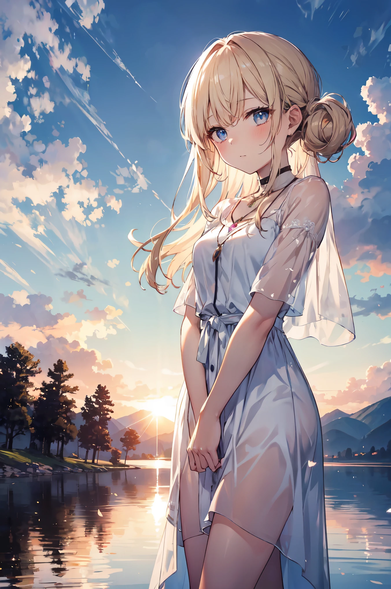 1 girl, Calm expression, Captivating eyes, Straight Long Hair, loose fitting dress, Calm posture, Porcelain-like skin, A faint blush, Crystal Pendant BREAK Golden Hour, (Rim Light):1.2, Warm tones, Solar flare, Soft Shadows, Vibrant colors, Painterly effect, Dream-like atmosphere BREAK Beautiful lake, Distant Mountain々, Willow Tree, Calm water, reflection, Sunlit clouds, Peaceful atmosphere, Beautiful sunset, Super detailed, Official Art, unity 8k wallpaper
, Tangled, Mandala