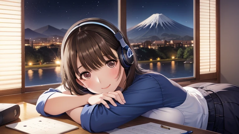 Lo-Fi Research, girl, write, ~ ~ side, 日本人のgirl, 
Shiny brown hair, short hair, Brown eyes、smile、Sparkling eyes, (Fine grain)、Ultra-detailed eyes、, Headphones, Summer clothes, window, mount fuji background, summer night