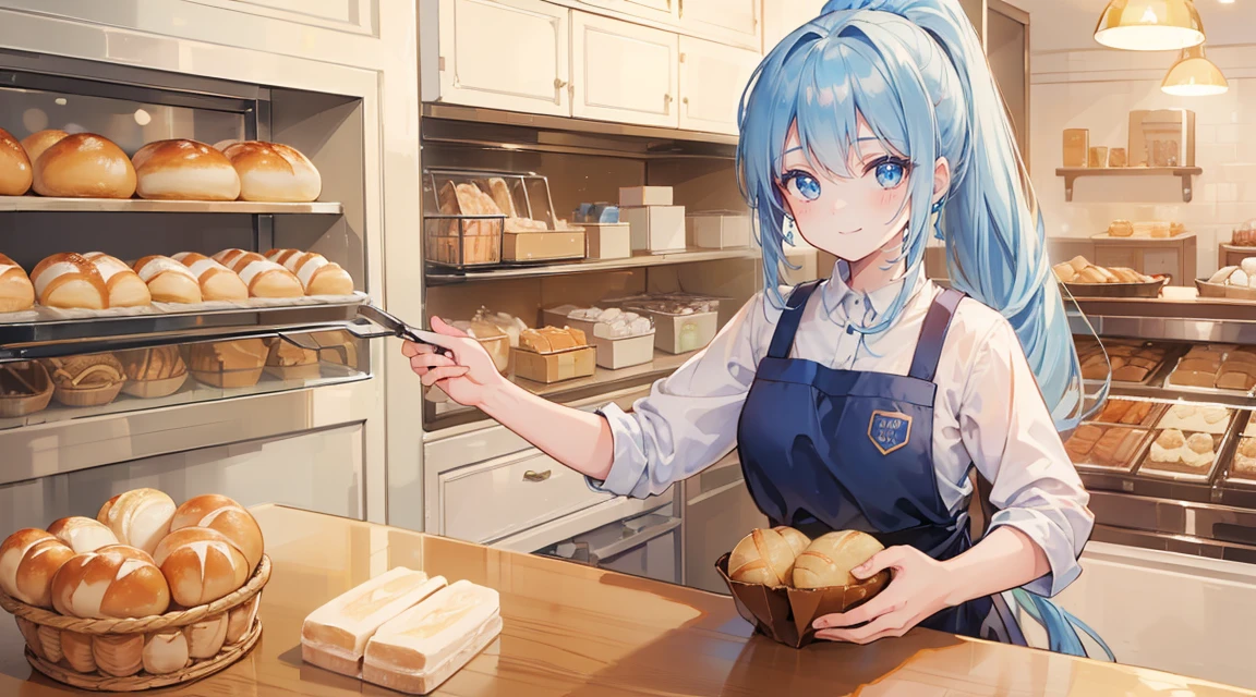 (highest quality,8k,Tabletop:1.37), Long hair girl with ponytail and blue eyes, Wearing a baker's uniform, Work in a traditional bakery in Japan Baking bread, Sparkling eyes, Big smile.