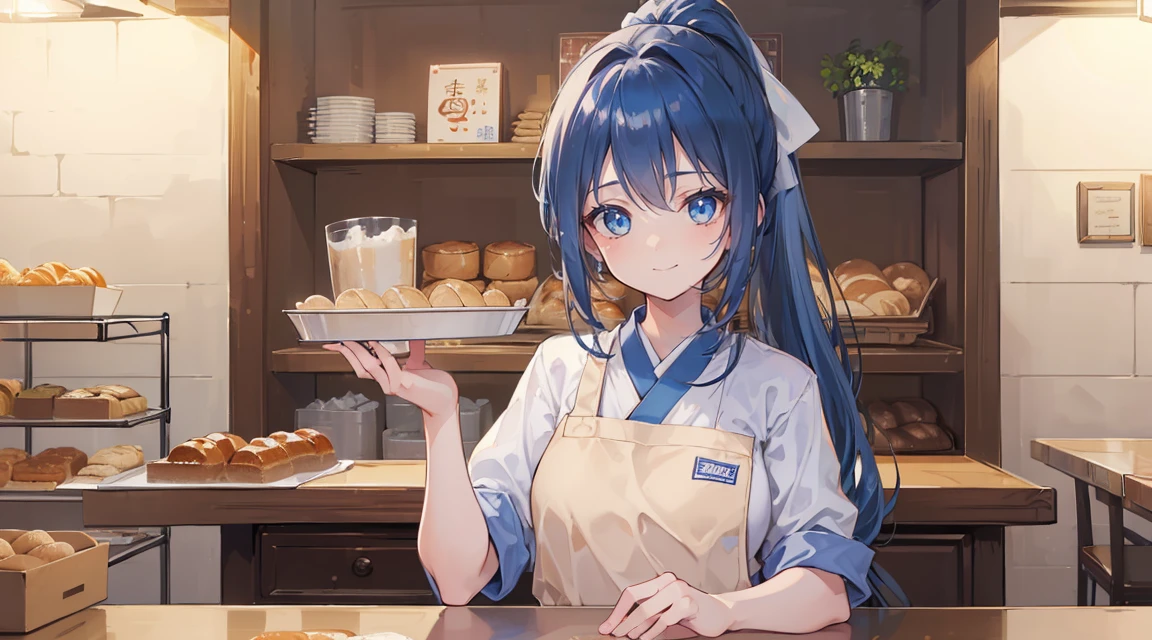 (highest quality,8k,Tabletop:1.37), Long hair girl with ponytail and blue eyes, Wearing a baker's uniform, Work in a traditional bakery in Japan Baking bread, Sparkling eyes, Big smile.