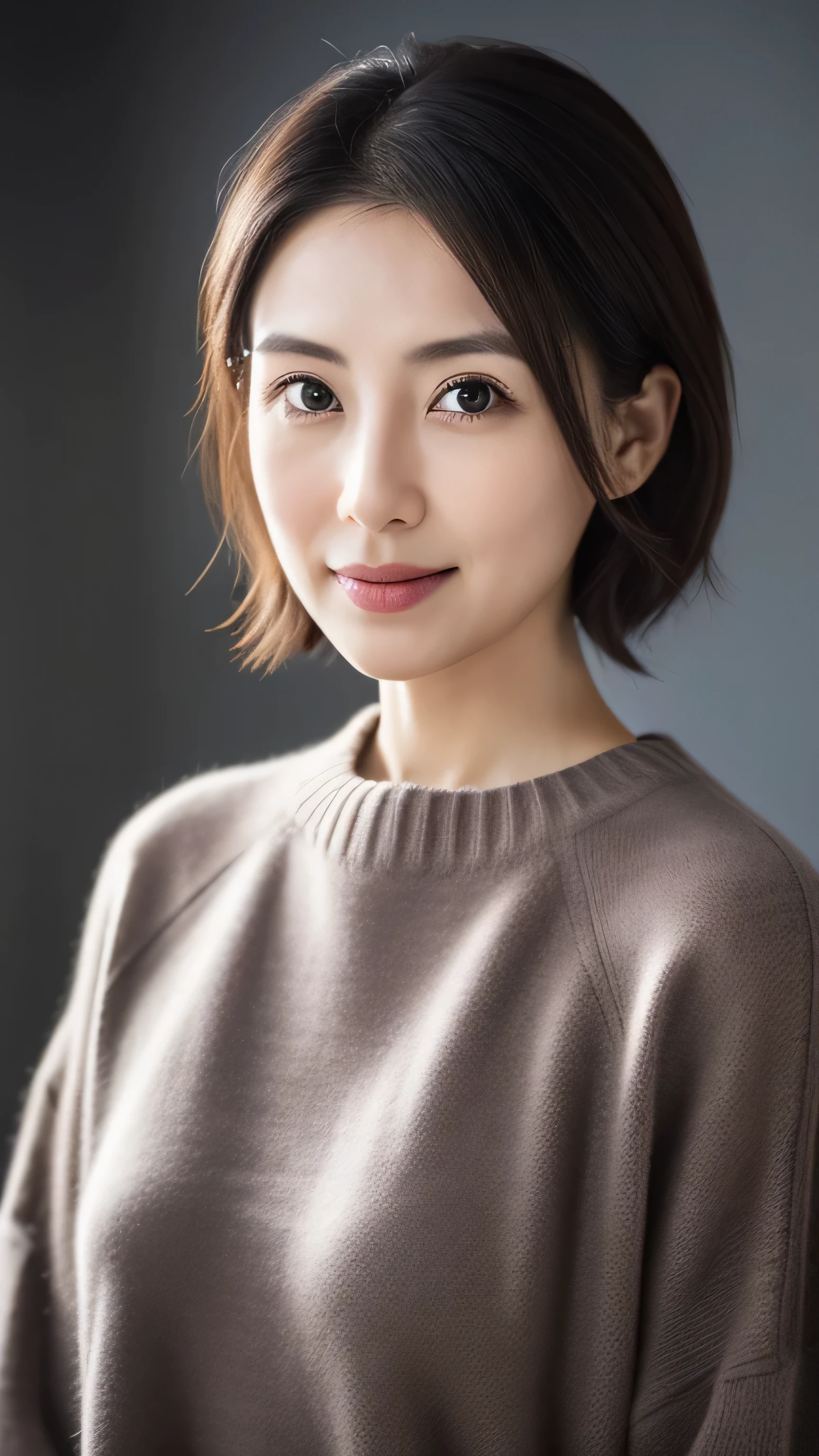 (Very detailed CG Unity 8K wallpaper,Tabletop, highest quality, Very detailed, Looking at the camera:1.2, Light on the face:1.5, Gray background, Professional Lighting), Residing in Japan３０old woman、short hair, Black-haired, The facial contours become fuller:1.5, (Thin eyebrows:1.25), big, Bright Eyes, Nose is too small, Soft mouth, physically slim, (Wear a shirt under your sweater), Impression of sincerity, Noble Mix Modification v3.0