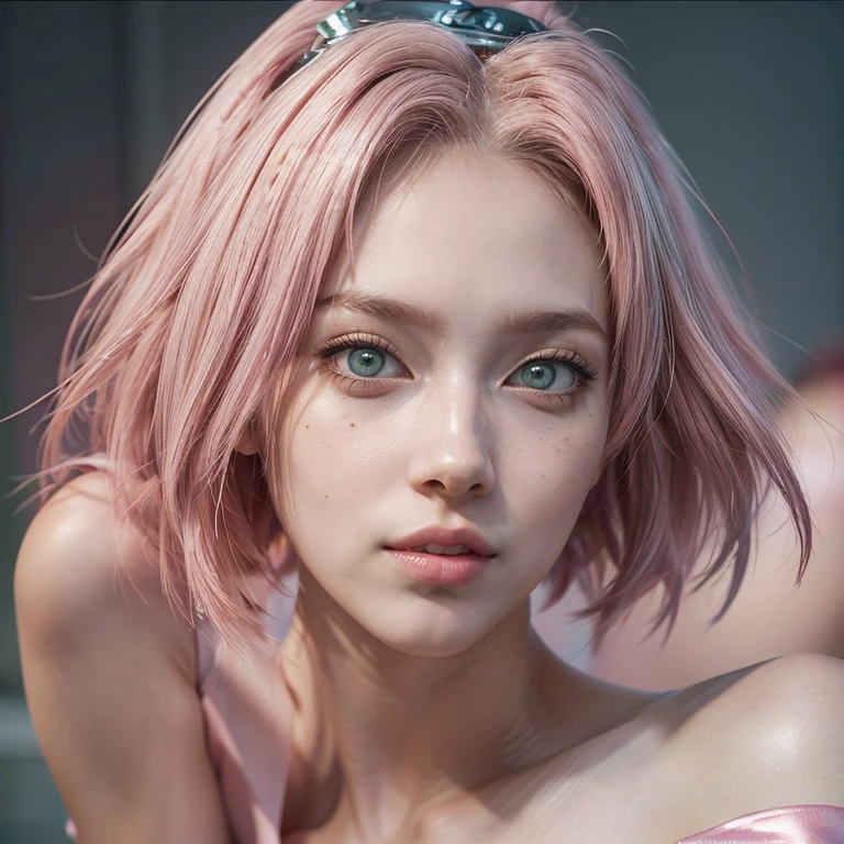 young woman, short shoulder-length pink hair, wide forehead, porcelain skin, pink eyebrows, big emerald green eyes, buttoned nose, full lips, heart-shaped face, slender body, small breasts, red tank top, Sakura Haruno , realistic, realism, details, 3d, well detailed