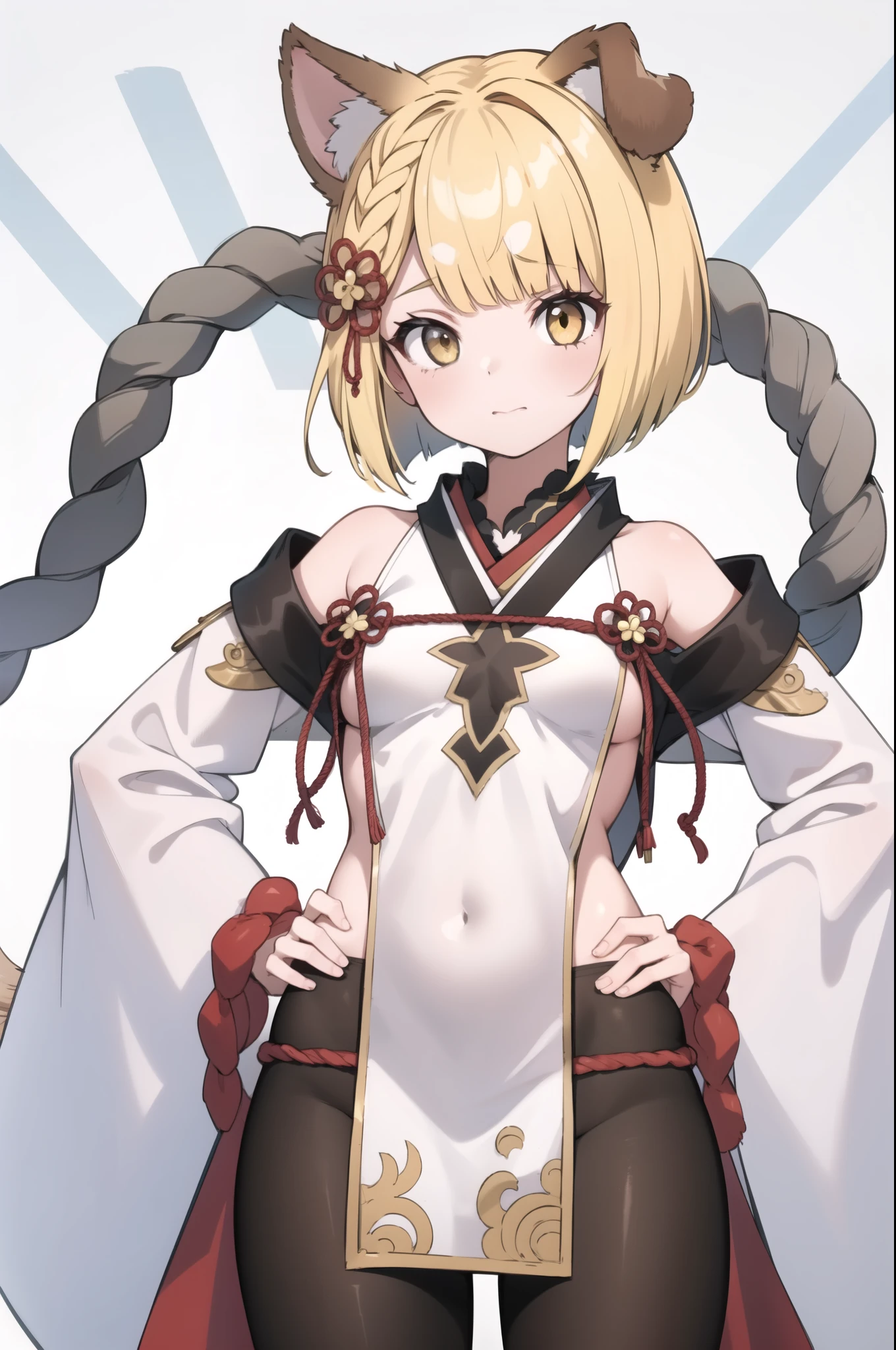 masterpiece, best quality, 8k, 1girl, solo, vajradef, dog tail, dog ears, blonde, bob cut, yellow eyes, black pantyhose, hair ornament, japanese clothes, bare shoulders, detached sleeves, wide sleeves, white pelvic curtain, shimenawa, rope, small breasts, standing, hands on hips, serious, neutral, looking at viewer, upper body, cowboy shot, white background, simple background