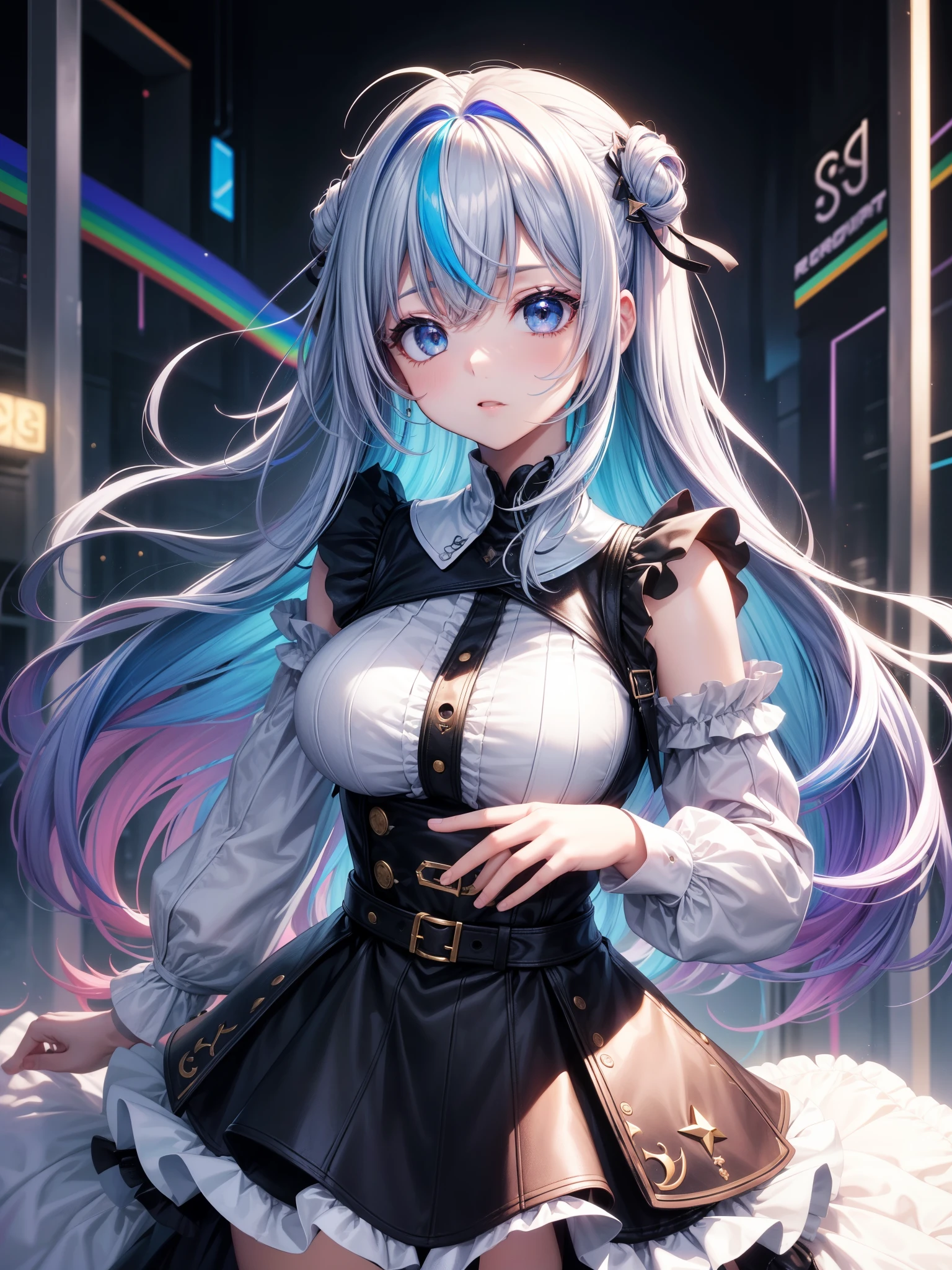 score_9、score_8_up、score_7_up、score_6_up、1 girl、Long Hair、g4n1m3、Big Breasts、
rvcm_duoton3_hairstyle、and Hair Color、、
Rainbow highlights、