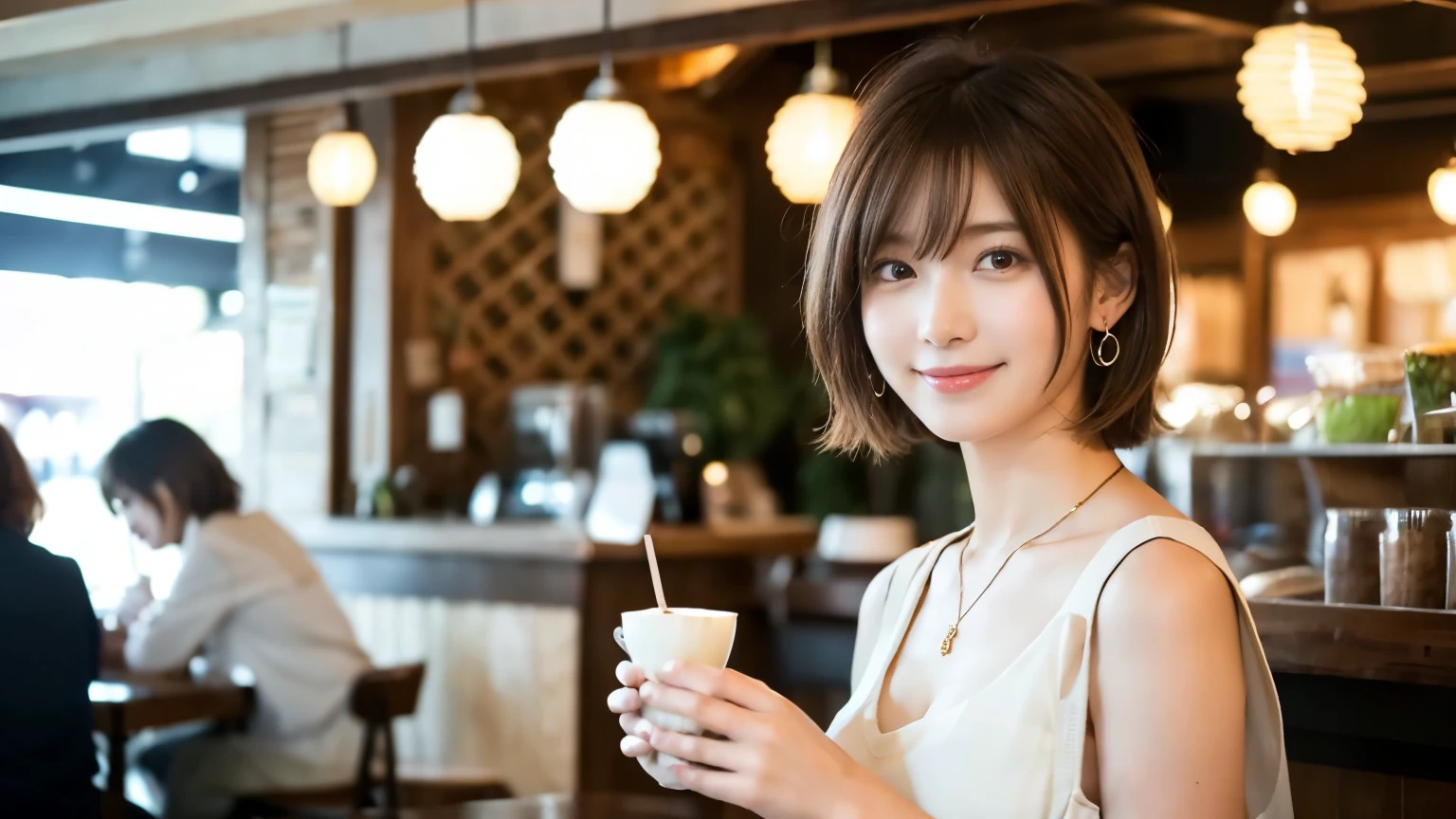 super high quality, Short Hair, Slender, Gravure photoshoot, The staff is working at the counter in the back., (8k、RAW Photos、highest quality、masterpiece:1.2), Japanese Idol, Shaggy, Sportswear, Stylish café, The cafe is crowded with people enjoying themselves., (Realistic、Photorealistic:1.37), Mesh Hair, Urban Cafe, Golden Ratio, Raw photo, Cute face , Light Brown Hair, Earrings, Small breasts, Bright cafe interior, Spring Clothes, necklace, Spoiled, Cafe Terrace, Open Cafe, Open Cafeの前に高級車, Smile, Hair blowing in the wind, Neat clothes, 18-year-old, younger sister,