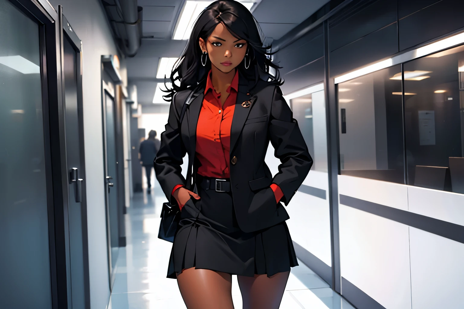 Black woman, hair curt black, wearing a black office jacket, Gun in hands, brown office skirt