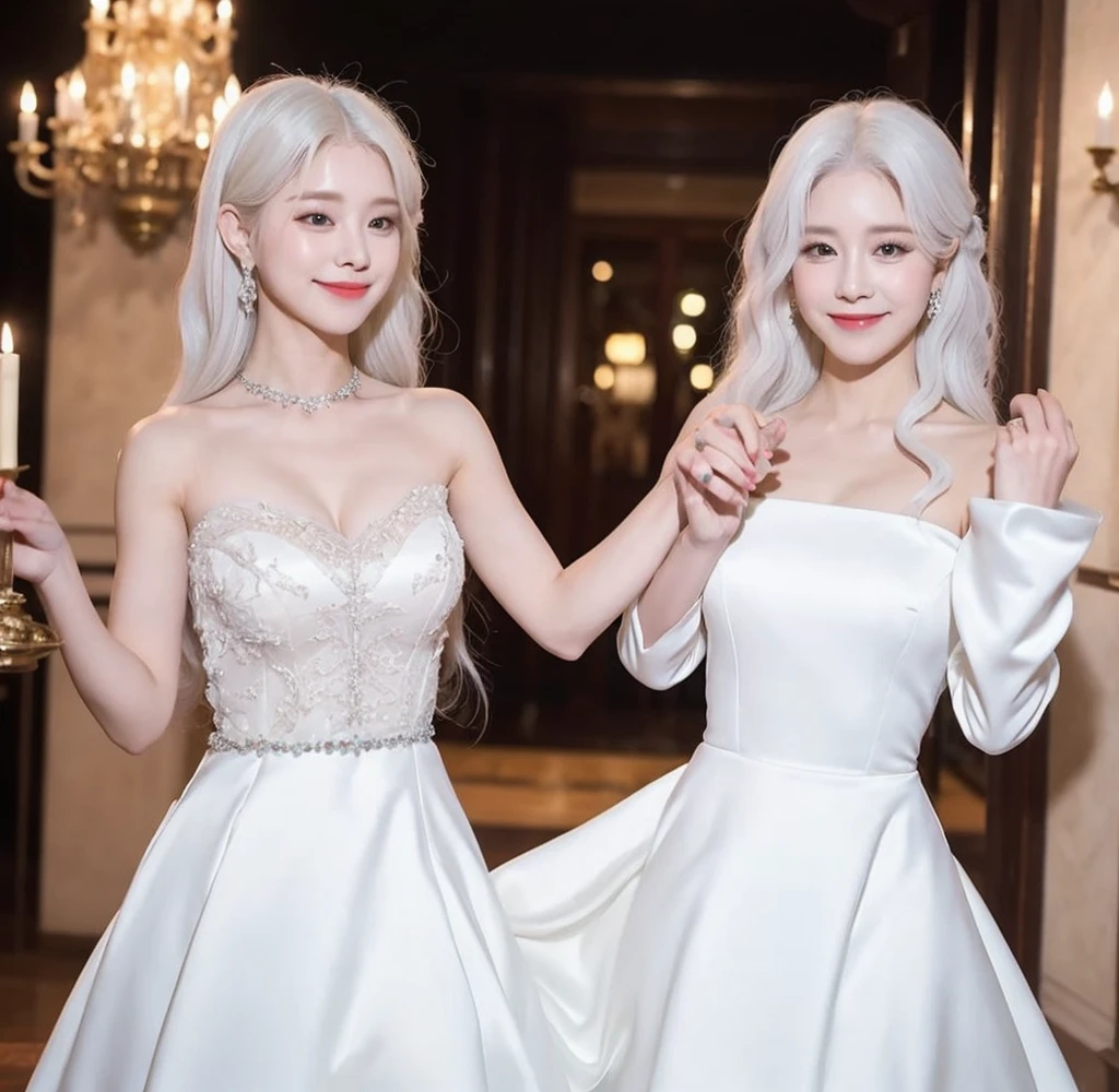 Best quality (8k),masterpiece, extremely beautiful and cute, perfect body structure, sweet, formal long white dress, beautiful dimples, white hair, dancing with a handsome prince