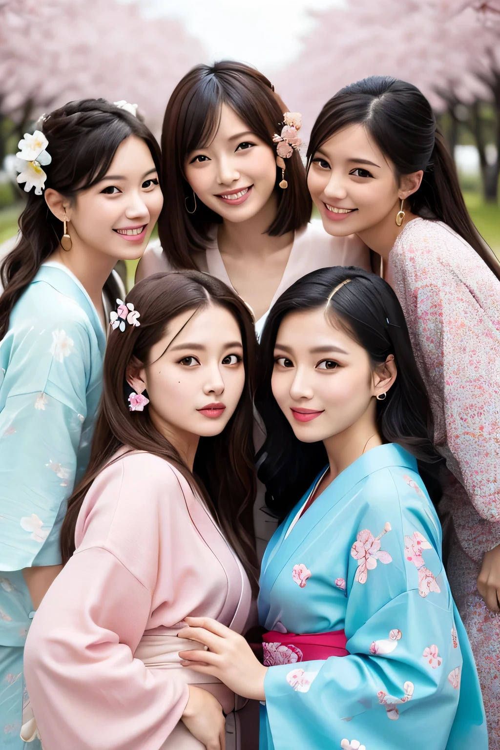 highest quality、High resolution、Detailed Background、(Beautiful face in every detail:1.4)、Anatomically correct、(Detailed facial expressions)、(Detailed eyes:1.2)、Beautiful, smooth skin、Teenage beauty、(Three Women)、(Highly detailed face:1.4)、well-groomed eyebrows、 Adult Style、Sunny outdoors、
(Three beautiful girls having fun with their friends:1.5)、
For the color of the kimono, choose soft colors such as pretty pink, pale cherry blossom, and light blue to create a girly impression.、
Cherry blossoms and plum blossoms are timeless and long-loved patterns.、Small floral patterns are recommended.、
like々To bring out your beauty, it is a good idea to choose a kimono with a bright background color and a gorgeous pattern.、
Choose the color and pattern of the obi while considering how it will coordinate with your kimono.、
To emphasize cuteness, we recommend obi in soft colors or designs with small floral patterns or ribbons.、
You can also add a cute touch to your geta.、
Choose sandals with colorful floral patterns, glitter, or ribbons to add a touch of glamour to your feet.、
Simple and elegant accessories go well with Japanese clothing.、
Wearing earrings or a necklace with a small flower motif and a thin bracelet on your wrist will make you look even cuter.、
For hair accessories, try incorporating small hairpins or kanzashi with cherry blossom or plum blossom motifs.、
Consider an updo or a bun hairstyle that matches the design of your kimono and your personality.、
You can enjoy unique styling with hair accessories and hairpins.、
Add pink or cherry blossom blush to your natural and clean base makeup.、
Use soft colored eyeshadows to add a touch of glamour to your eyes.、
For your lips, choose a pale pink or cherry blossom color to make yourself look even cuter.