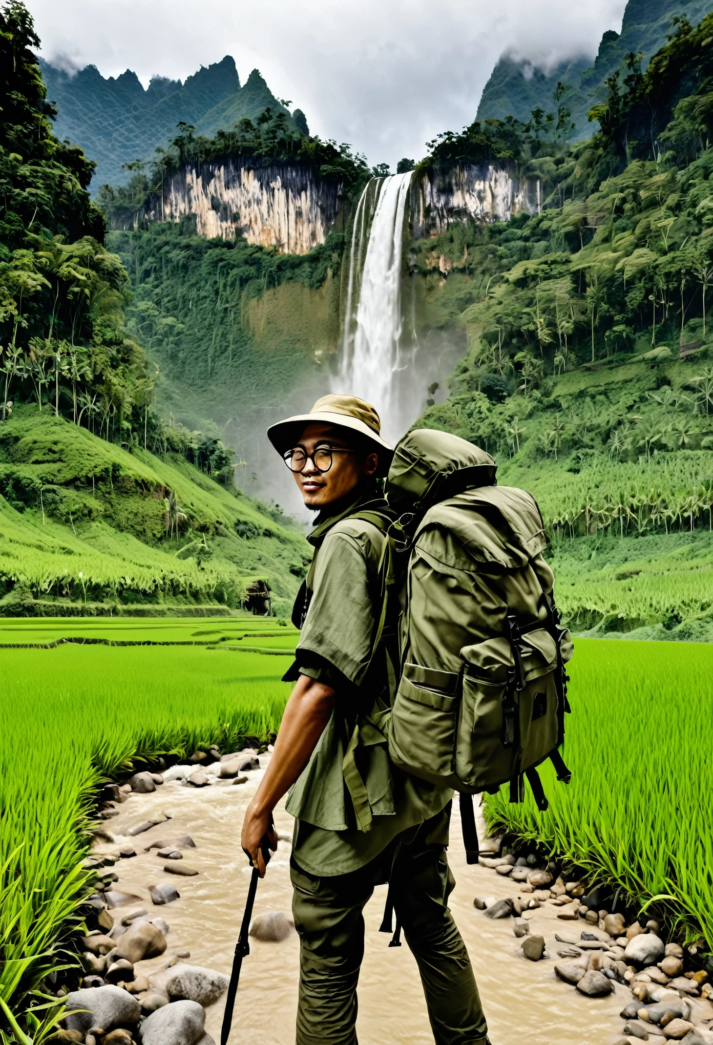 an Indonesian photographer was carrying a Canon R6 camera, long white lens.  wearing kheki army clothes, jungle hat, glasses, carrying a backpack.  background of mountains, rice fields and waterfalls.  looked at me