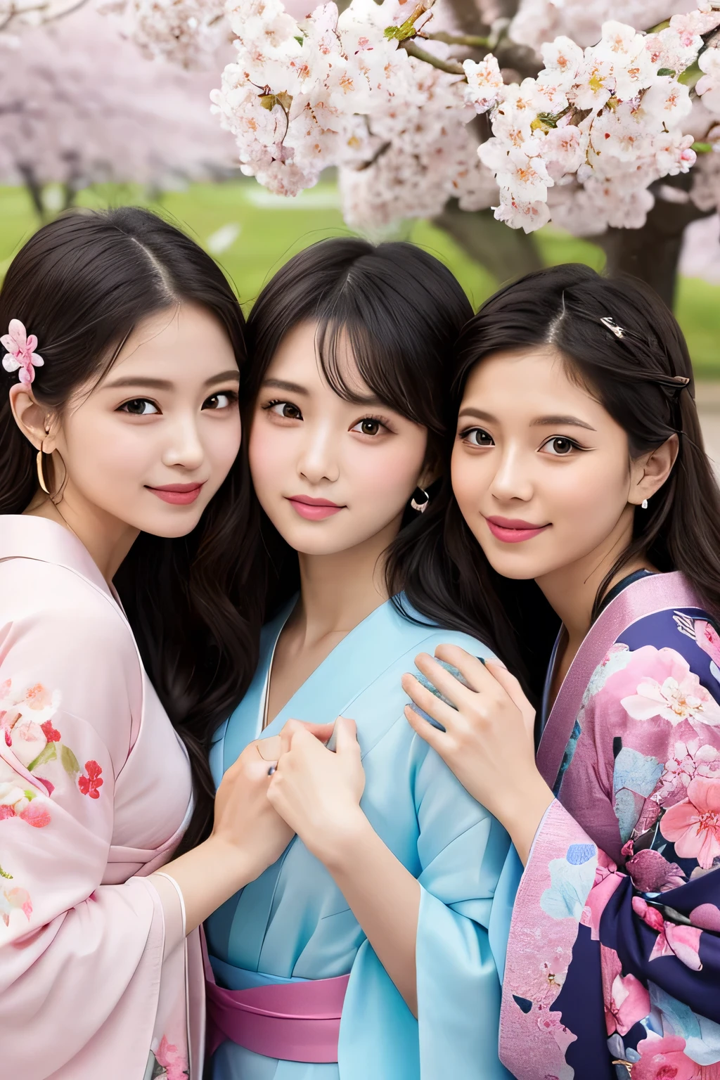 highest quality、High resolution、Detailed Background、(Beautiful face in every detail:1.4)、Anatomically correct、(Detailed facial expressions)、(Detailed eyes:1.2)、Beautiful, smooth skin、age beauty、(Three Women)、(Highly detailed face:1.4)、well-groomed eyebrows、 Adult Style、Sunny outdoors、
(Three beautiful girls having fun with their friends:1.5)、
For the color of the kimono, choose soft colors such as pretty pink, pale cherry blossom, and light blue to create a girly impression.、
Cherry blossoms and plum blossoms are timeless and long-loved patterns.、Small floral patterns are recommended.、
like々To bring out your beauty, it is a good idea to choose a kimono with a bright background color and a gorgeous pattern.、
Choose the color and pattern of the obi while considering how it will coordinate with your kimono.、
To emphasize cuteness, we recommend obi in soft colors or designs with small floral patterns or ribbons.、
You can also add a cute touch to your geta.、
Choose sandals with colorful floral patterns, glitter, or ribbons to add a touch of glamour to your feet.、
Simple and elegant accessories go well with Japanese clothing.、
Wearing earrings or a necklace with a small flower motif and a thin bracelet on your wrist will make you look even cuter.、
For hair accessories, try incorporating small hairpins or kanzashi with cherry blossom or plum blossom motifs.、
Consider an updo or a bun hairstyle that matches the design of your kimono and your personality.、
You can enjoy unique styling with hair accessories and hairpins.、
Add pink or cherry blossom blush to your natural and clean base makeup.、
Use soft colored eyeshadows to add a touch of glamour to your eyes.、
For your lips, choose a pale pink or cherry blossom color to make yourself look even cuter.