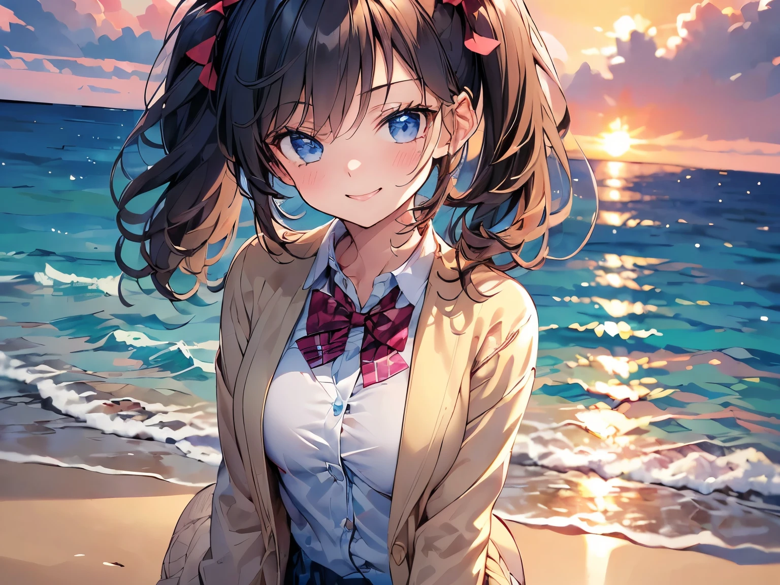 (masterpiece, best quality, insanely detailed, 16K, highres:1.3), (1 beautiful cute girl:1.3), 
smile, blonde hair, twintails, pink bowtie, white shirt, (navy jacket:1.3), JK
BREAK (background of ocean, shore, reflective water, sunset:1.3)
 