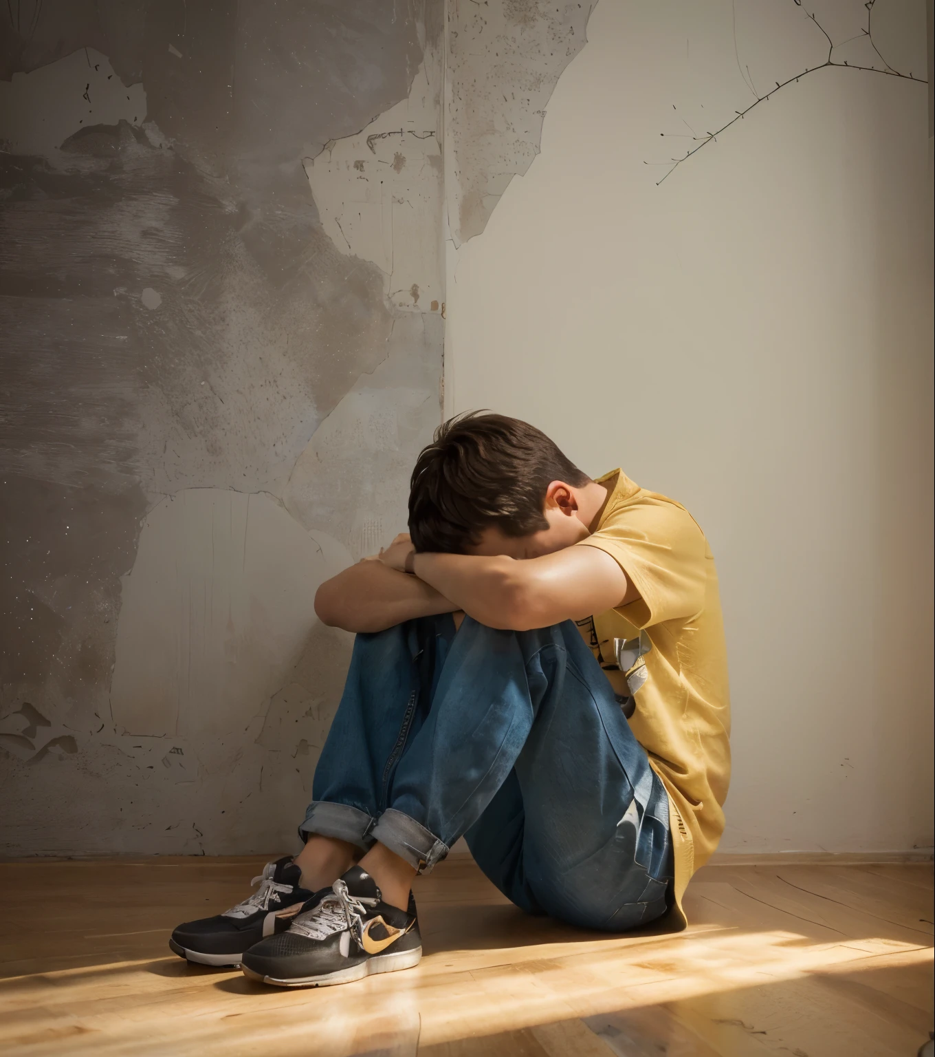 Afraid ten-year-old boy sitting on the floor with his head in his hands, retrato de deprimido, imagem detalhada, 8k, meninoz anos de idade, imagem emocional, lutando, chateado, menino sentacostas, menino masculino, g your knees, obturador, iStock, garoto, por Juan O'Gorman, imagem editorial, por Eglon van der Neer