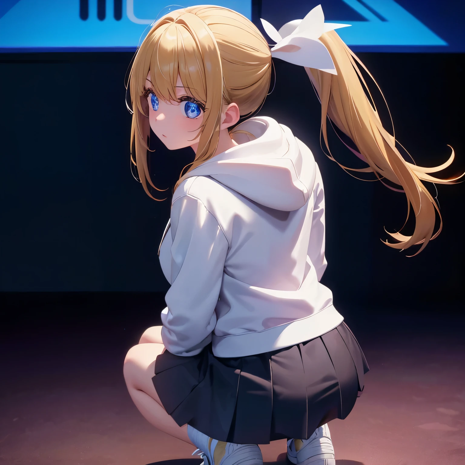 1woman,super beautiful, squat,Shocked expression, Facing backwards, camera angle from behind, photo from behind,, looking away,Beautiful eyes,Hands holding head, very detailed face,cute, tennis skirt,HD face, perfect face, white hoodie,long hoodie,black mini skirt,Very big breasts,Blonde hair,long hair,ponytail,bangs,blue eyes,ultra detail,ultra Hd, masterpiece,4k