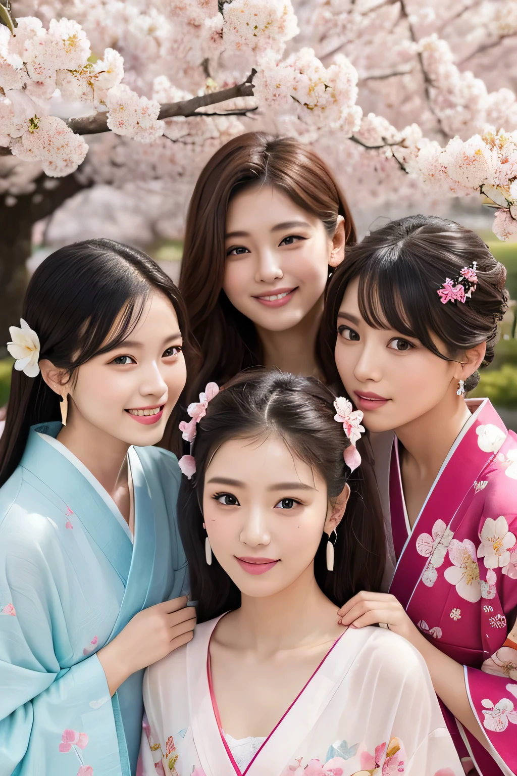highest quality、High resolution、Detailed Background、(Beautiful face in every detail:1.4)、Anatomically correct、(Detailed facial expressions)、(Detailed eyes:1.2)、Beautiful, smooth skin、age beauty、(Three Women)、(Highly detailed face:1.4)、well-groomed eyebrows、 Adult Style、Sunny outdoors、
(Three beautiful girls having fun with their friends:1.5)、
For the color of the kimono, choose soft colors such as pretty pink, pale cherry blossom, and light blue to create a girly impression.、
Cherry blossoms and plum blossoms are timeless and long-loved patterns.、Small floral patterns are recommended.、
like々To bring out your beauty, it is a good idea to choose a kimono with a bright background color and a gorgeous pattern.、
Choose the color and pattern of the obi while considering how it will coordinate with your kimono.、
To emphasize cuteness, we recommend obi in soft colors or designs with small floral patterns or ribbons.、
You can also add a cute touch to your geta.、
Choose sandals with colorful floral patterns, glitter, or ribbons to add a touch of glamour to your feet.、
Simple and elegant accessories go well with Japanese clothing.、
Wearing earrings or a necklace with a small flower motif and a thin bracelet on your wrist will make you look even cuter.、
For hair accessories, try incorporating small hairpins or kanzashi with cherry blossom or plum blossom motifs.、
Consider an updo or a bun hairstyle that matches the design of your kimono and your personality.、
You can enjoy unique styling with hair accessories and hairpins.、
Add pink or cherry blossom blush to your natural and clean base makeup.、
Use soft colored eyeshadows to add a touch of glamour to your eyes.、
For your lips, choose a pale pink or cherry blossom color to make yourself look even cuter.