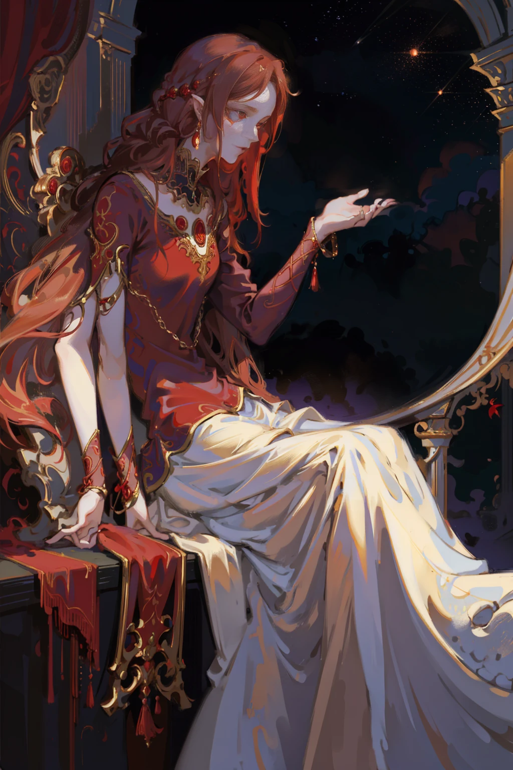 fullbody painting,detailed full body portrait,(The girl looks up at the stars), masterpiece, best quality, realistic illustration, regal elegant tiefling witch looking over porcelain balcony, arm support, (piercing red eyes), portrait, close-up, depth of field, (light particles:1.1), bloom, HDR, night sky, Mandy Jürgens (Mandy Jurgens) Realistic paintings created, arte figurativa, Detailed depiction of the, realistically, An artwork of, contours, seen from the side, simple backgound, fantasy, princess Targaryen, full-length, garden, red ginger hair, in a red and black dress embroidered with gold threads of rubies and diamonds, ((top-quality、masterpiece、photographrealistic:1.4、in 8K))、delicate and beautiful face、(Luxury red dress in medieval European style、Princess)、Luxury accessories、European-style castle、Cinematic lighting、Textured skin、Super Detail、high detailing、High quality、hight resolution
