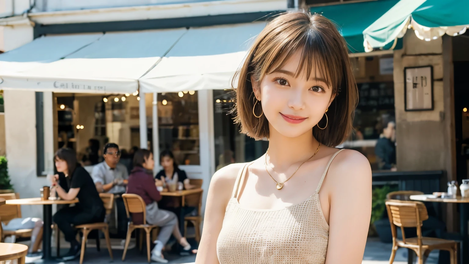 super high quality, Short Hair, Slender, Gravure photoshoot, The staff is working at the counter in the back., (8k、RAW Photos、highest quality、masterpiece:1.2), Japanese Idol, Shaggy, Sportswear, Stylish café, The cafe is crowded with people enjoying themselves., (Realistic、Photorealistic:1.37), Mesh Hair, Urban Cafe, Golden Ratio, Raw photo, Cute face , Light Brown Hair, Earrings, Small breasts, Bright cafe interior, Spring Clothes, necklace, Spoiled, Cafe Terrace, Open Cafe, Open Cafeの前に高級車, Smile, Hair blowing in the wind, Neat clothes, 18-year-old, younger sister,