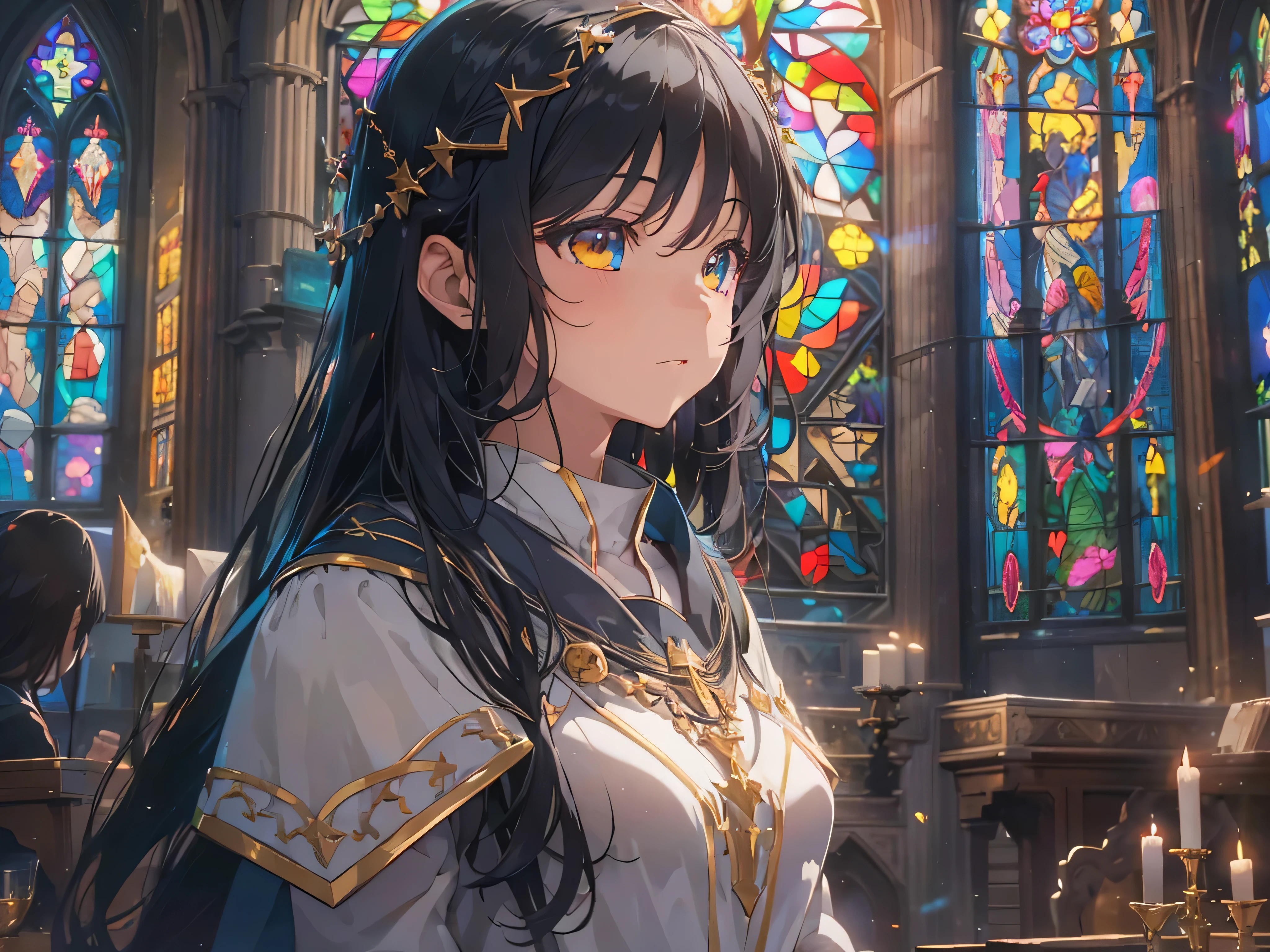 Black Hair Girl, A holy knight in a white robe, (Robes and Armor), (Food), Emerald Eyes, A church where light shines in, Stained glass behind, hair two side up, depth of field, cinematic lighting, sparkle, f/2.8, 35mm, anime, anime style, UHD, high details, best quality, highres, textured skin, 4K