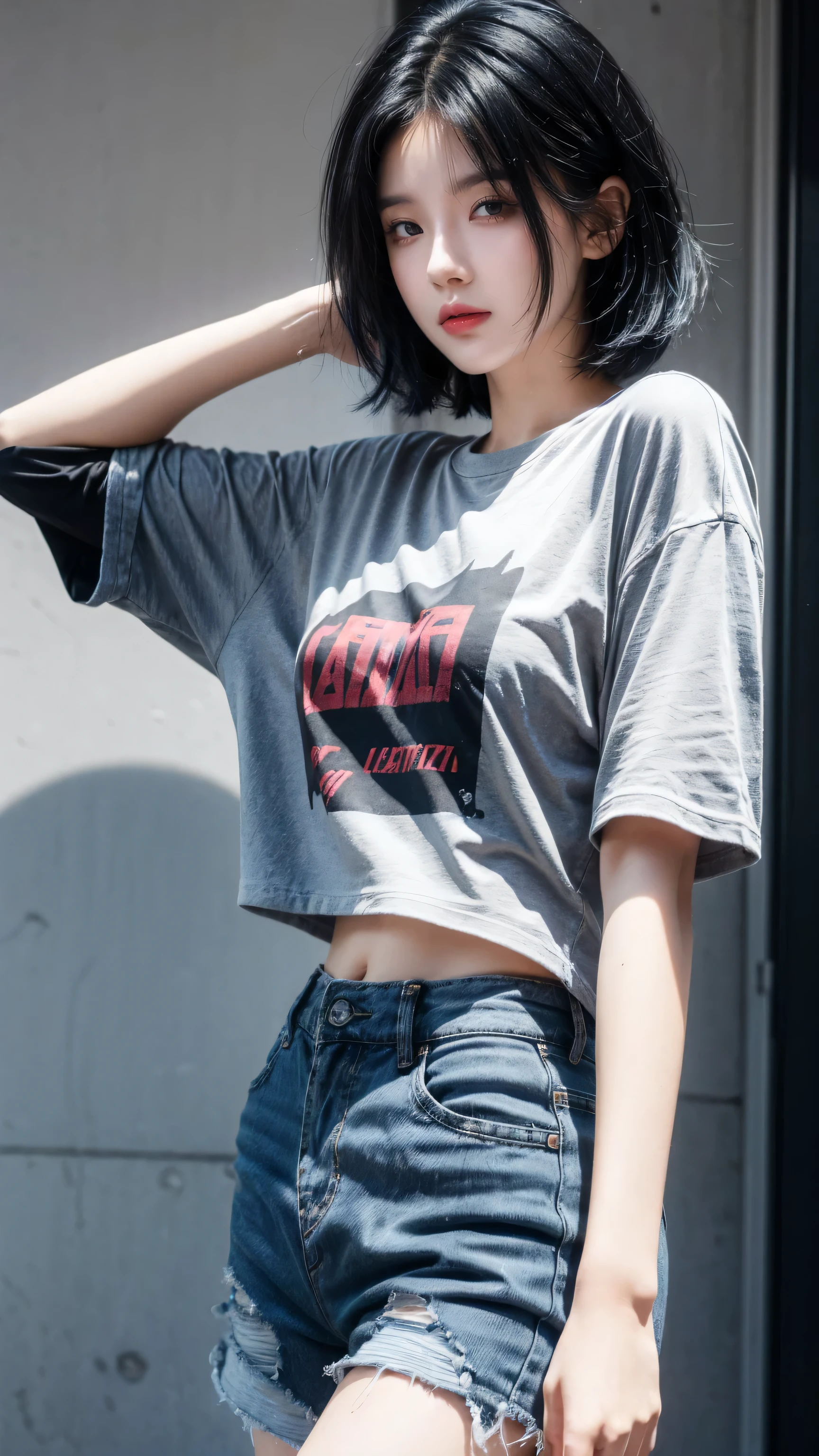 best quality, 1 Girl, dark blue hair, black eyes, Very short hair, Spiky hair, black oversize t-shirt, High waist short jeans, 171 cm, Messy hair, Hair between the eyes, Medium breasts, full, Tomboy, aldult, 20 years old, 1 Girl