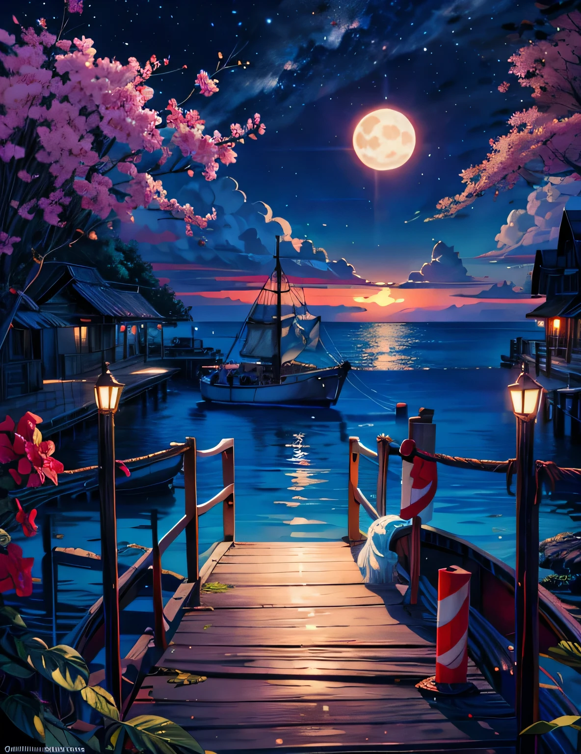 painting of a neon moonlight,Dock area, Bougainville décor , 4K HD, moonlight, cloud,Ocean, moonlight reflection,Beautiful Art UHD 4K, Beautiful artwork illustration, Beautiful digital painting, Highly detailed digital painting, Beautiful digital art, Detailed painting 4k, Highly detailed digital painting, Rich, picturesque colors, Gorgeous digital painting