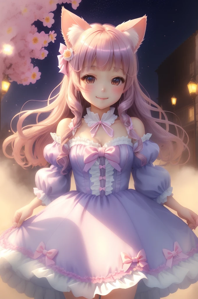 超スペシャルcute，cute，smile、Princess Fashion，pastel，ribbon，Frills，Shine，cute、Cat ears、Supernatural、Another world、Ultra Detail、Brilliant、Magic Lighting、trajectory、 Light dust、beautiful、Cinematic lighting、 Bokeh effect