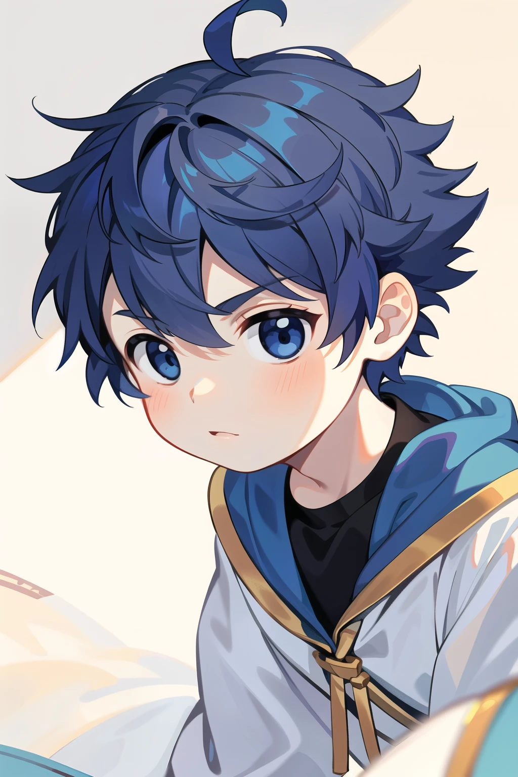 {{masterpiece}},best quality,illustration,1 male kid,prince,floating short hair,blue hair,cute,closeup