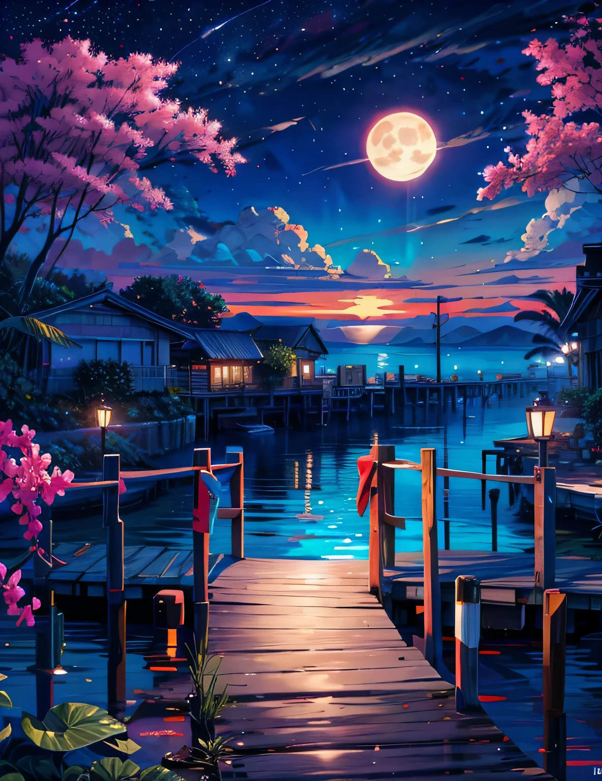 painting of a neon moonlight,Dock area, Bougainville décor , 4K HD, moonlight, cloud,Ocean, moonlight reflection,Beautiful Art UHD 4K, Beautiful artwork illustration, Beautiful digital painting, Highly detailed digital painting, Beautiful digital art, Detailed painting 4k, Highly detailed digital painting, Rich, picturesque colors, Gorgeous digital painting