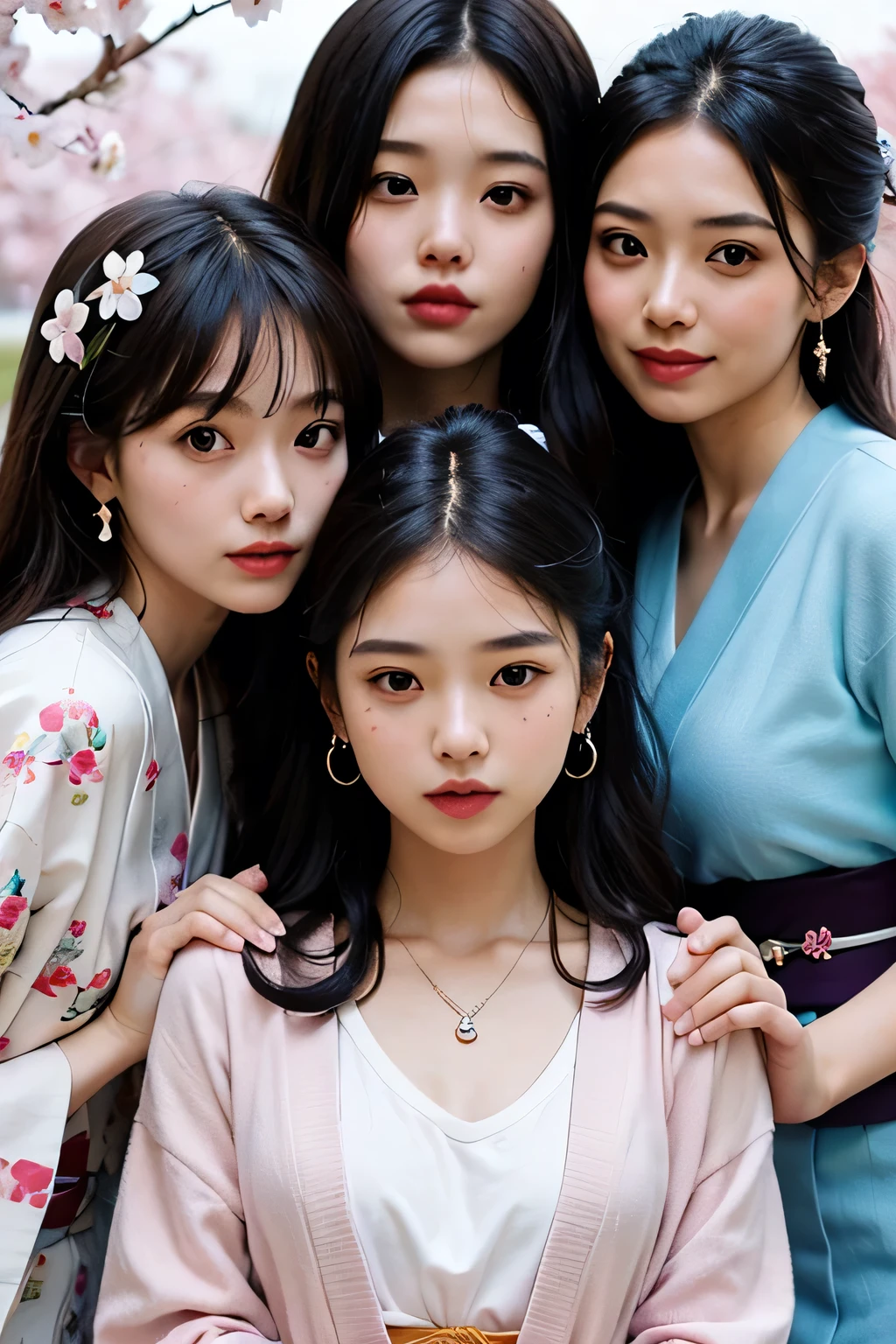 highest quality、High resolution、Detailed Background、(Beautiful face in every detail:1.4)、Anatomically correct、(Detailed facial expressions)、(Detailed eyes:1.2)、Beautiful, smooth skin、Teenage beauty、(Three Women)、(Highly detailed face:1.4)、well-groomed eyebrows、 Adult Style、Sunny outdoors、
(Three beautiful girls having fun with their friends:1.5)、
For the color of the kimono, choose soft colors such as pretty pink, pale cherry blossom, and light blue to create a girly impression.、
Cherry blossoms and plum blossoms are timeless and long-loved patterns.、Small floral patterns are recommended.、
like々To bring out your beauty, it is a good idea to choose a kimono with a bright background color and a gorgeous pattern.、
Choose the color and pattern of the obi while considering how it will coordinate with your kimono.、
To emphasize cuteness, we recommend obi in soft colors or designs with small floral patterns or ribbons.、
You can also add a cute touch to your geta.、
Choose sandals with colorful floral patterns, glitter, or ribbons to add a touch of glamour to your feet.、
Simple and elegant accessories go well with Japanese clothing.、
Wearing earrings or a necklace with a small flower motif and a thin bracelet on your wrist will make you look even cuter.、
For hair accessories, try incorporating small hairpins or kanzashi with cherry blossom or plum blossom motifs.、
Consider an updo or a bun hairstyle that matches the design of your kimono and your personality.、
You can enjoy unique styling with hair accessories and hairpins.、
Add pink or cherry blossom blush to your natural and clean base makeup.、
Use soft colored eyeshadows to add a touch of glamour to your eyes.、
For your lips, choose a pale pink or cherry blossom color to make yourself look even cuter.