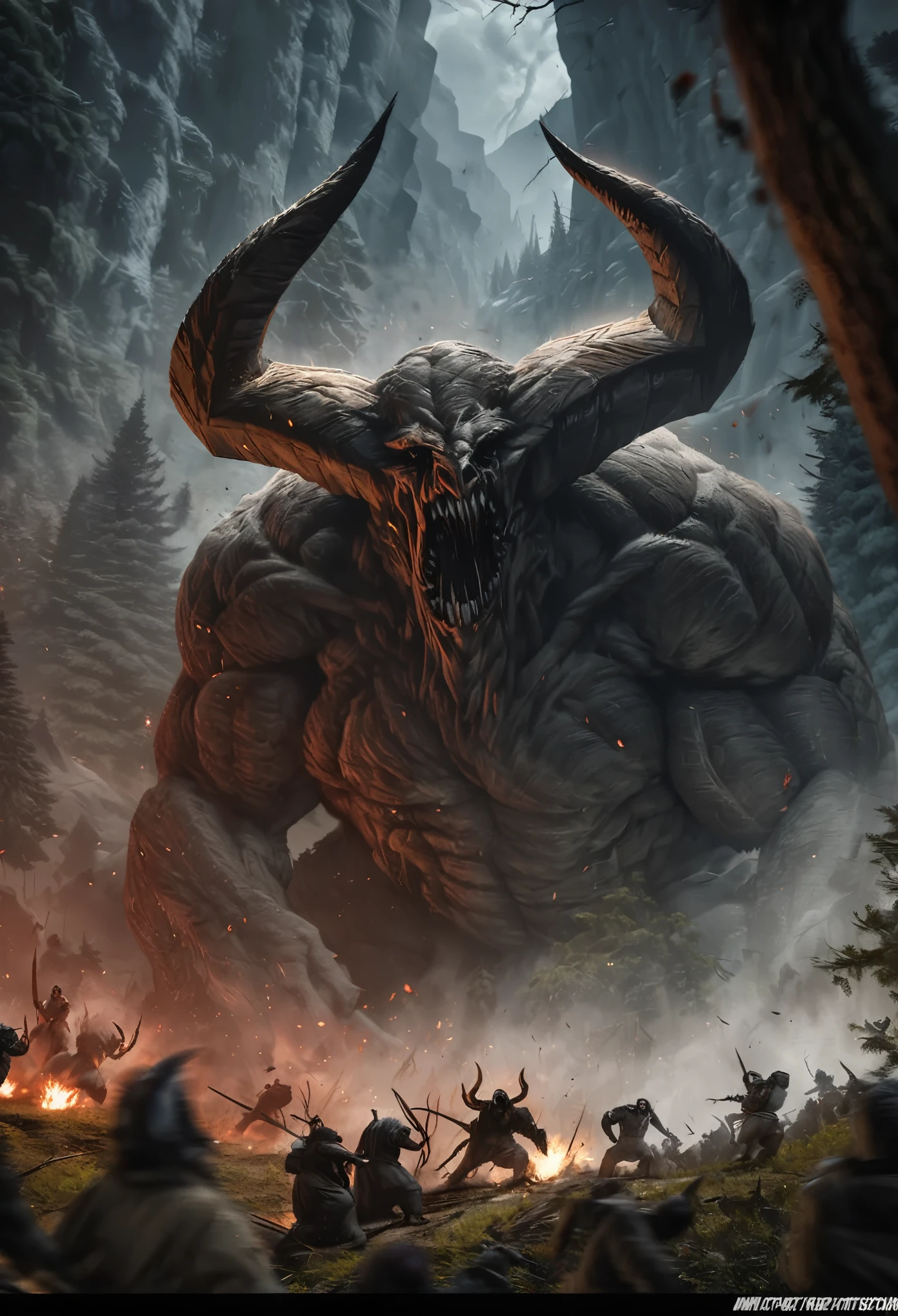 Masterpieces of horror, highest quality, (action shot, Motion blur), battle, greg latkowski, (Focus on a scary big wendigo seen in the distance, big size difference of the horns), fantasy, People who fight against it々, dark winter evening, Deep dark forest, Huge ancient tree, Fight, scenery, Mountain, outdoor, More than one person, Injured on the ground々, (Blood splattering in the air), Traces of the massacre, (indirect) moonlight, very detailed, High resolution, sharp, sharp image, 4k, 8K,Masterpieces of horror, highest quality, (action shot, Motion blur), battle, greg latkowski, (Focus on a scary big wendigo seen in the distance, big size difference of the horns), fantasy, People who fight against it々, dark winter evening, Deep dark forest, Huge ancient tree, Fight, scenery, Mountain, outdoor, More than one person, Injured on the ground々, (Blood splattering in the air), Traces of the massacre, (indirect) moonlight, very detailed, High resolution, sharp, sharp image, 4k, 8K,