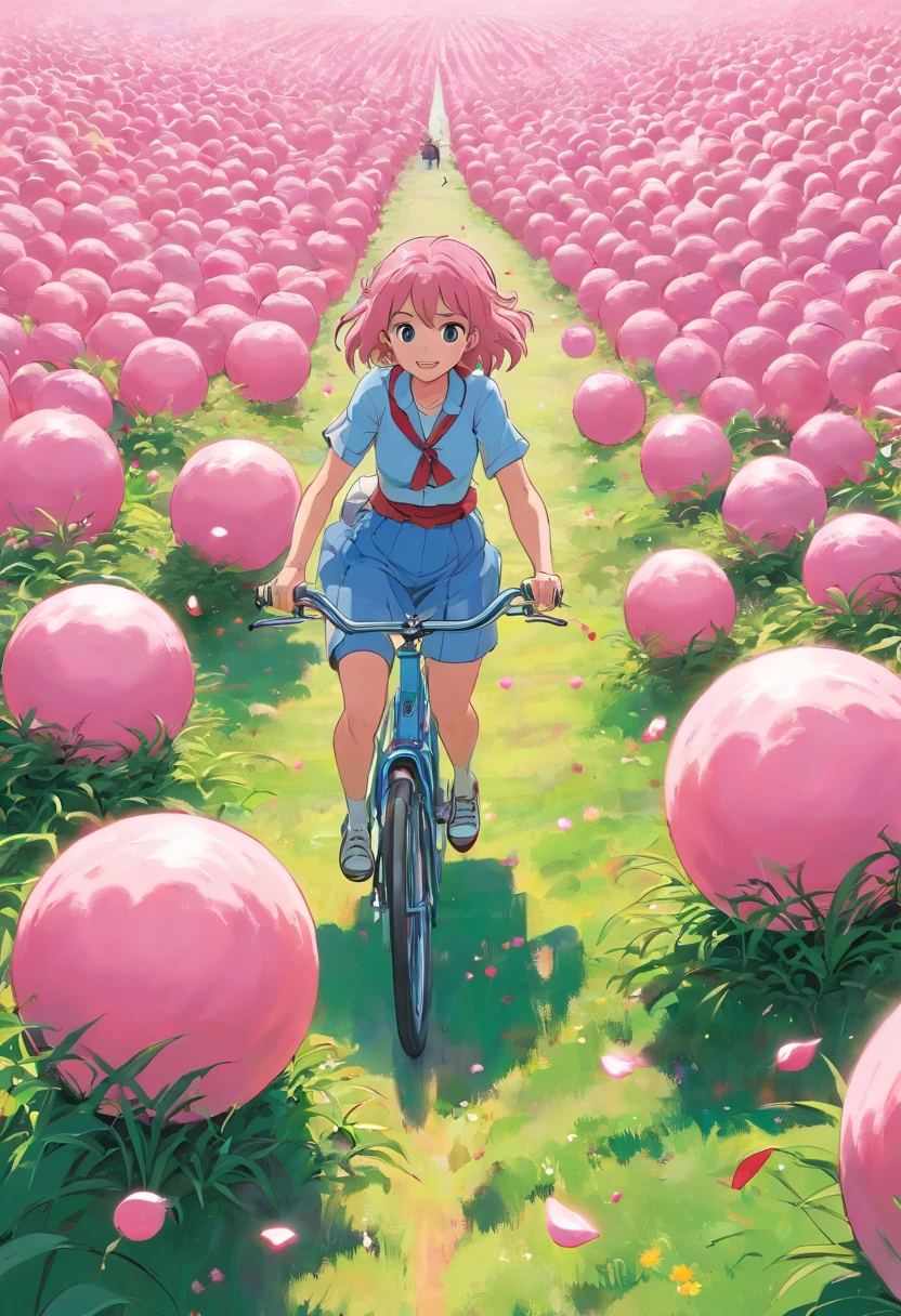 a woman riding a bike through a field of pink balls, inspired by Nagasawa Rosetsu, pixiv contest winner, rimuru tempest, from yowamushi pedal, detailed cover artwork, material is!!! watermelon!!!