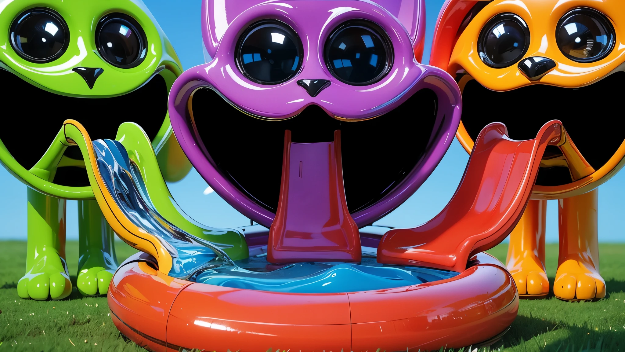 glossy water An inflatable swimming pool on a lawn, surrounded by green and orange boots. The image depicts two large orange glossy feet with five toes each, standing on a blue surface. The feet have a unique design, with the big toe pointing inwards. The skin on the feet has wrinkles and looks rough. The image depicts two large orange feet with five toes each, standing on a blue surface. The feet have a unique design, with the big toe pointing inwards. The skin on the feet has wrinkles and looks rough. cartoon key frame rendering, cute 3D rendering, Shiny metallic,Create ultra sharp  цветной рендеринг zbrush. perfect cgi, cgi art created only with gradients, smooth silhouette, Create ultra sharp skin, high intensity refraction, (plastic material), most beautiful vfx, blue background, plastic refractions, glossy texture, smooth 3d model, multiple light sources, rim light, sharp post effects render, (glossy plastic texture with multiple big light probe refractions), perfect cgi, cgi art created only with gradients, smooth silhouette, high intensity refraction, (plastic material), most beautiful vfx, blue background, plastic refractions Create ultra sharp