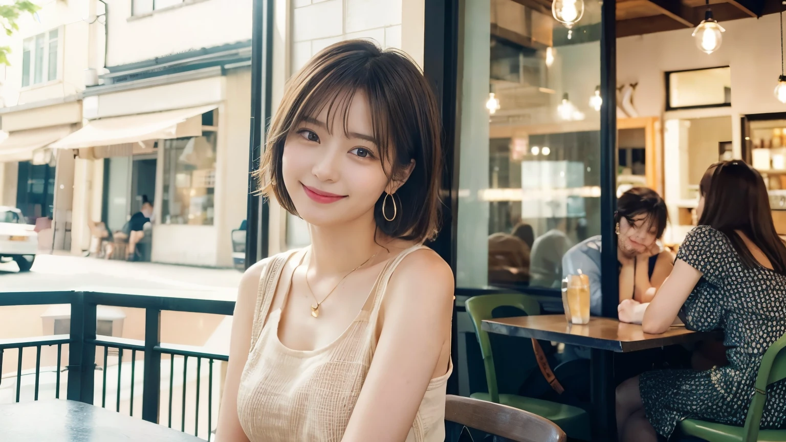 super high quality, Short Hair, Slender, Gravure photoshoot, The staff is working at the counter in the back., (8k、RAW Photos、highest quality、masterpiece:1.2), Japanese Idol, Shaggy, Sportswear, Stylish café, The cafe is crowded with people enjoying themselves., (Realistic、Photorealistic:1.37), Mesh Hair, Urban Cafe, Golden Ratio, Raw photo, Cute face , Light Brown Hair, Earrings, Small breasts, Bright cafe interior, Spring Clothes, necklace, Spoiled, Cafe Terrace, Open Cafe, Open Cafeの前に高級車, Smile, Hair blowing in the wind, Neat clothes, 18-year-old, younger sister,
