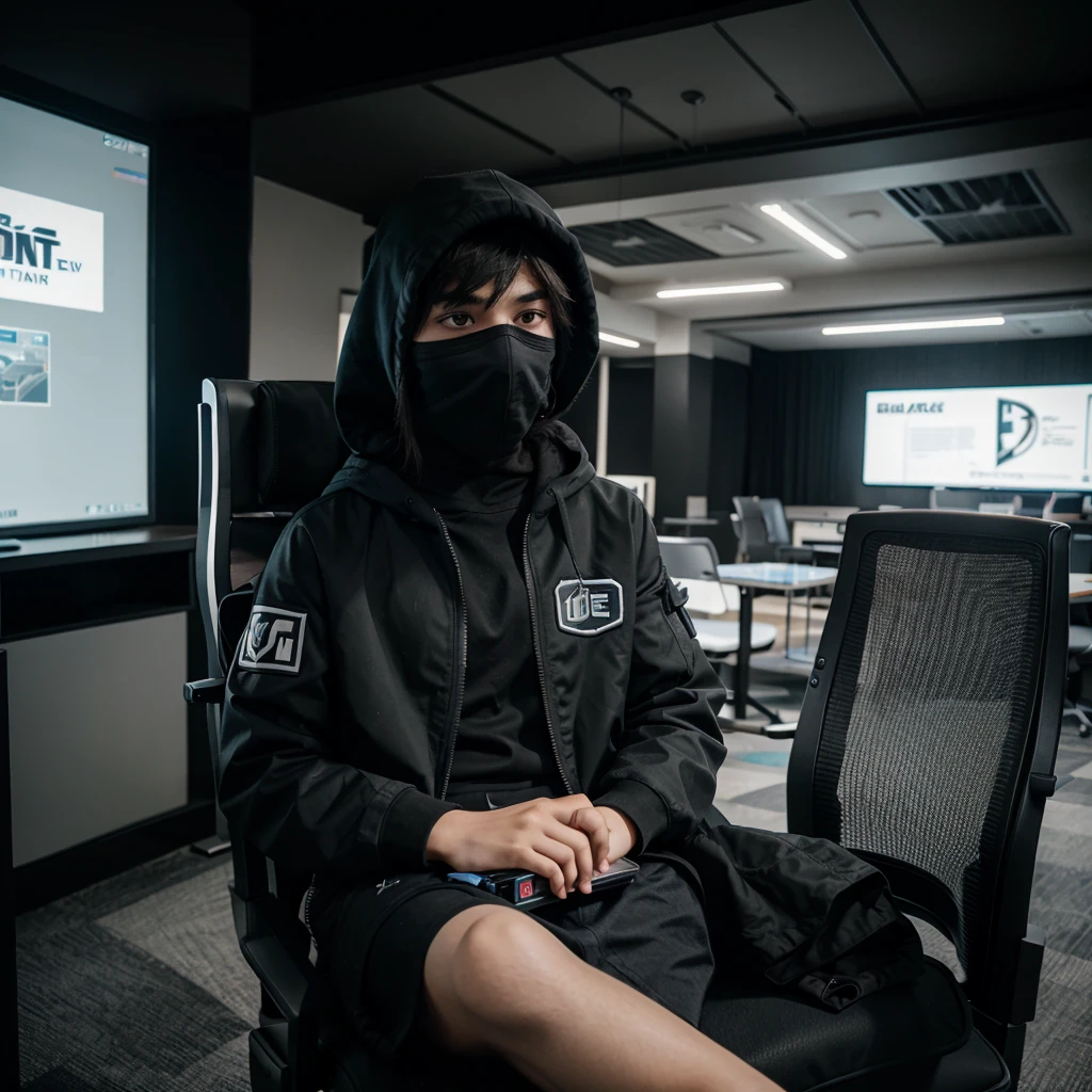 A teen age boy, A gamer sit on chair and play call of duty mobile play on laptop and cover her face with black mask, boy age 15 to 16