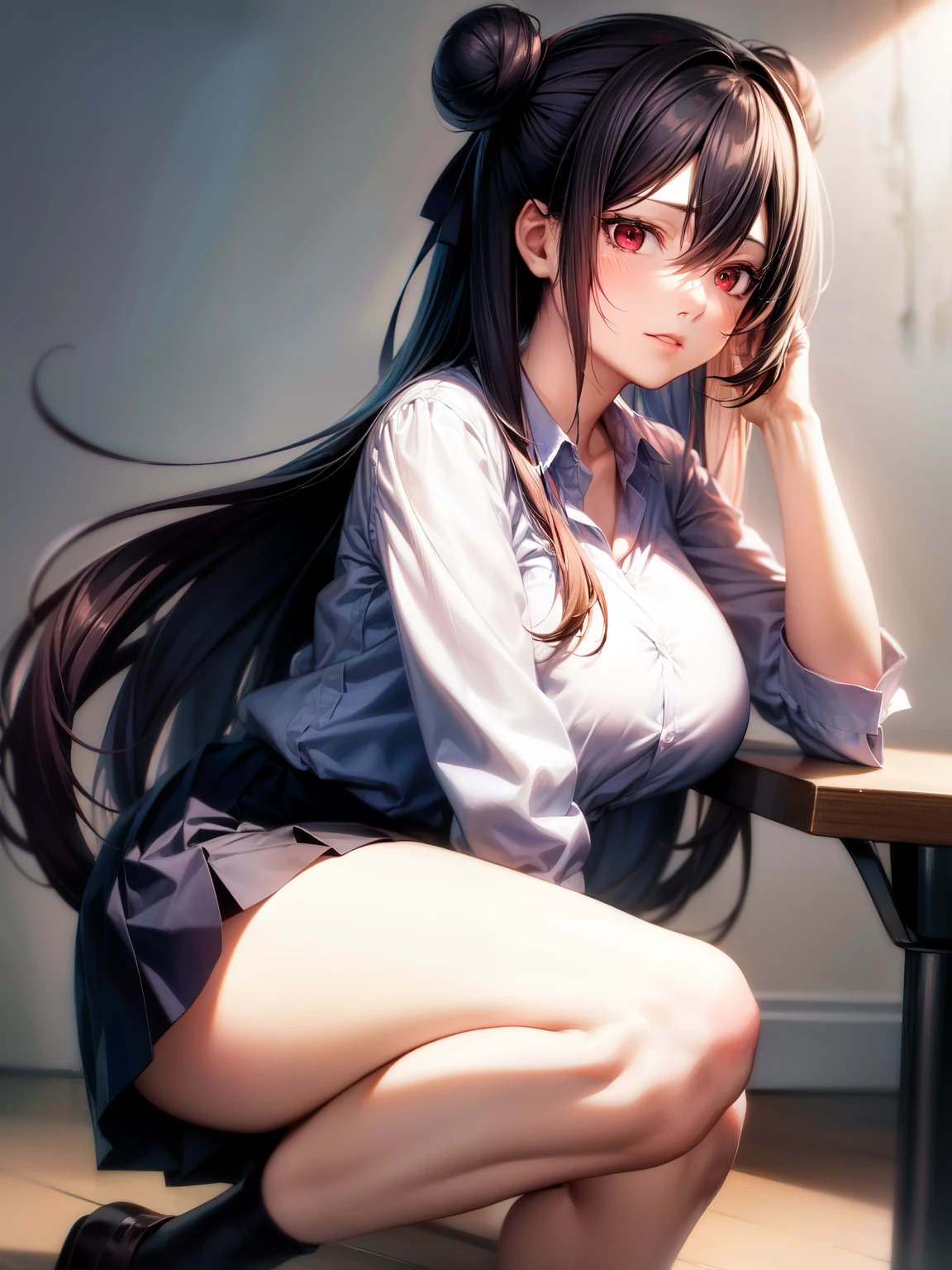 8K, drawn, masterpiece, high quality, highres, best quality, highres, 1girl, disheveled hair, illustration, focus on face, simple background, long hair, stockings, black hair, hair between eyes, calm, long bangs, bun, hair tie, crimson red eyes, large , very long hair, breastsct face, perfect legs, pleated skirt, full lips, add_detail:1
