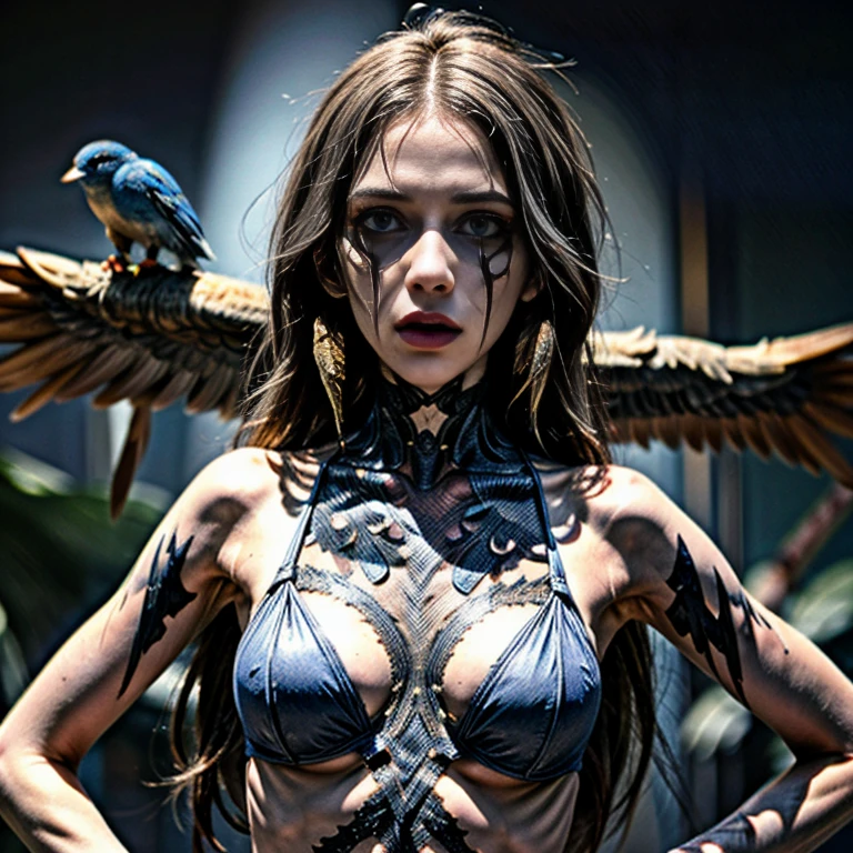 (certain quality、High resolution)、Beastman、Human-bird hybrid creature、((A bird face with a human face and a bird body:1.7))、(A hybrid creature with the face of a young, incredibly beautiful woman and the body of a bird.)、Spooky atmosphere、Horror Theme、Animal instincts、Detailed hair and feathers、Dim lighting、Sharp Eye、Sharp toenails、Strange Features、Unnatural poses、Dark and spooky background、Uncanny Valley 、Surrealism、Nightmare image、Mythical creatures、Disturbing expressions、Shadowy atmosphere、Evil atmosphere、nightmare-like appearance、Feathers and scales、Otherworldly Beings、Hybrid Anatomy、Mysterious Aura、Creepy Presence、Exaggerated features、Distorted body、Distorted proportions、Demonic nature、 Dystopian setting、Puzzling symbols and signysterious story、full body portrait、cr1r3、bird