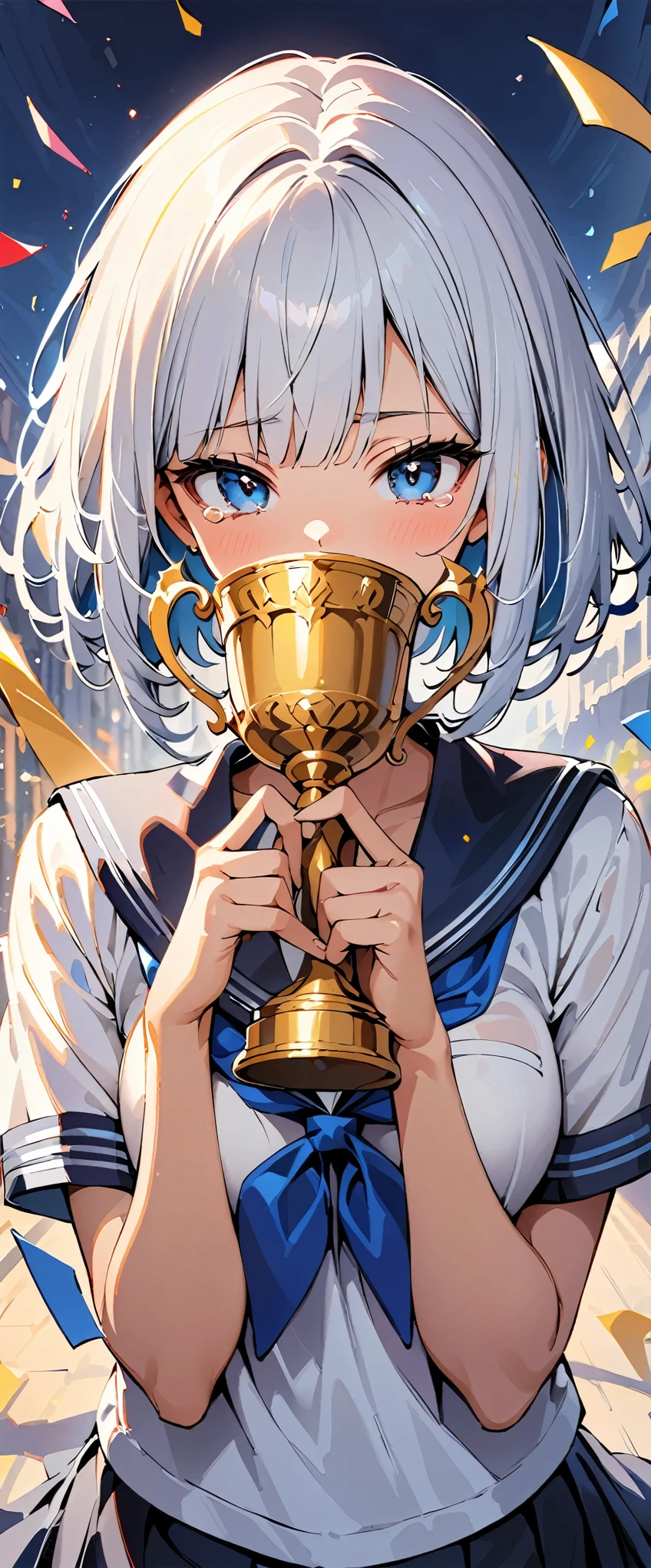 (highest quality:1.2, Very detailed, High Contrast, masterpiece:1.2, highest quality, Best aesthetics), Golden trophy and school girl, Sailor suit, ((Detailed fingers, Refers to 4, Thumb 1, Beautiful fingers, Delicate)), A delightful experience, Smiles and Tears, Glittering confetti of blessings, A lavish celebration, Detailed trophy decoration, Illustrious career, triumphant moment,