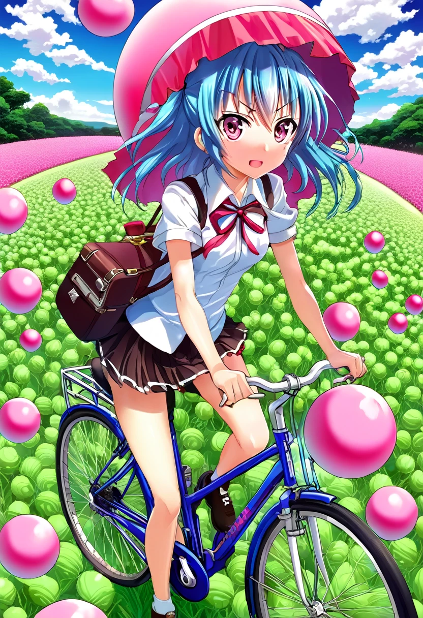 a woman riding a bike through a field of pink balls, inspired by Nagasawa Rosetsu, pixiv contest winner, rimuru tempest, from yowamushi pedal, detailed cover artwork, material is!!! watermelon!!!
