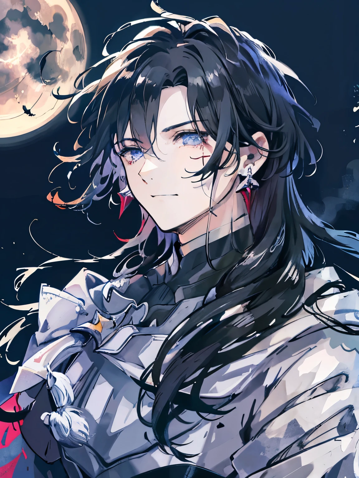 detailed、Stern face、Cool look、Sharp eyes、Face of despair、silver hair fluttering in the wind、Cloudy Eyes、Hollow Eyes、Bad scar on neck、Black background、Dark Places、night、Long, silky silver hair、Dull silver long hair、A look of resignation、Cool guy、Cool guy、Painting from the chest up、Many black bird feathers flutter、