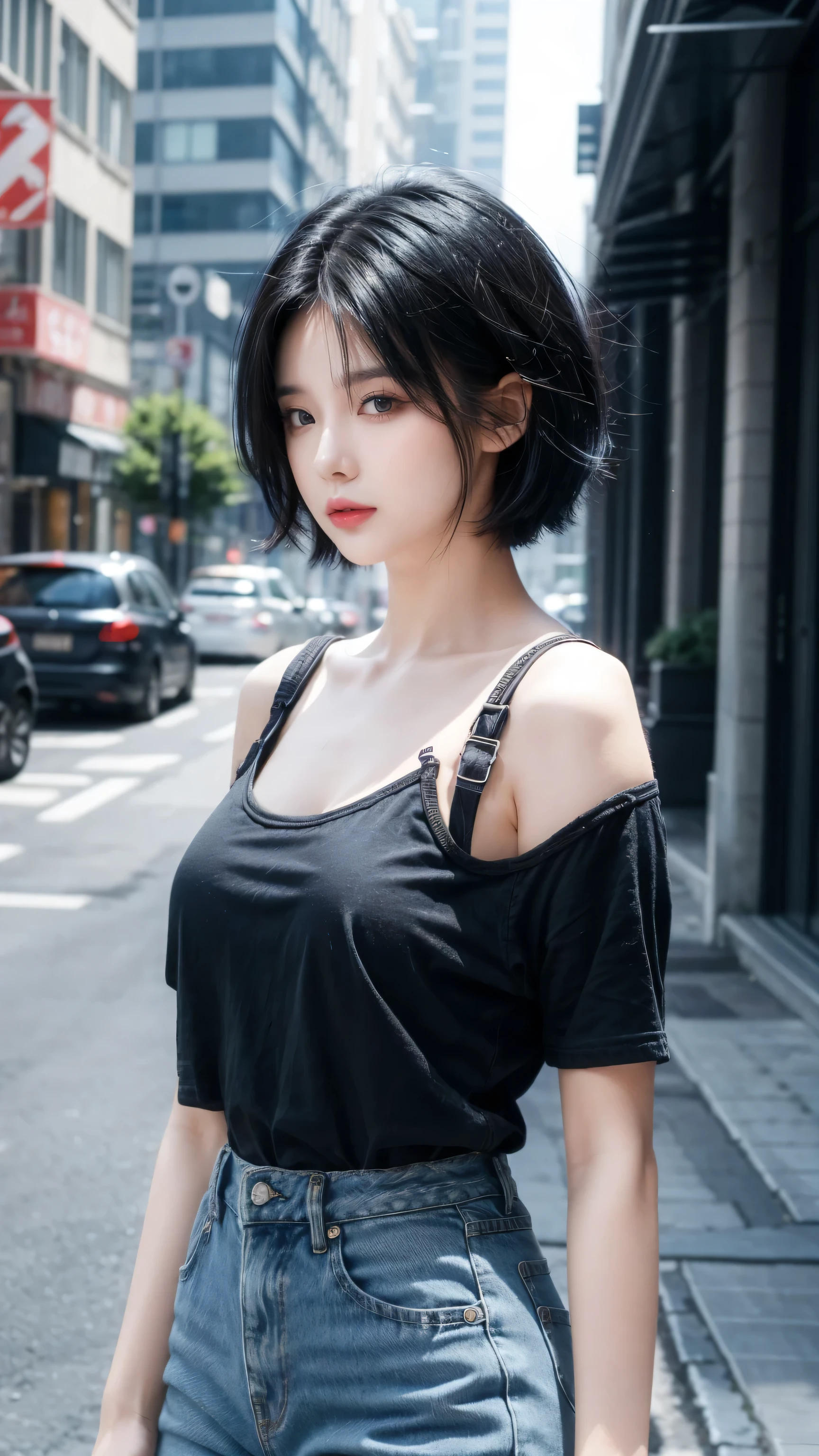 best quality, 1 Girl, dark blue hair, black eyes, Very short hair, Spiky hair, oversize t-shirt black, High waist short jeans, 171 cm, Messy hair, Hair between the eyes, Medium breasts, full, Tomboy, aldult, 20 years old, 1 Girl