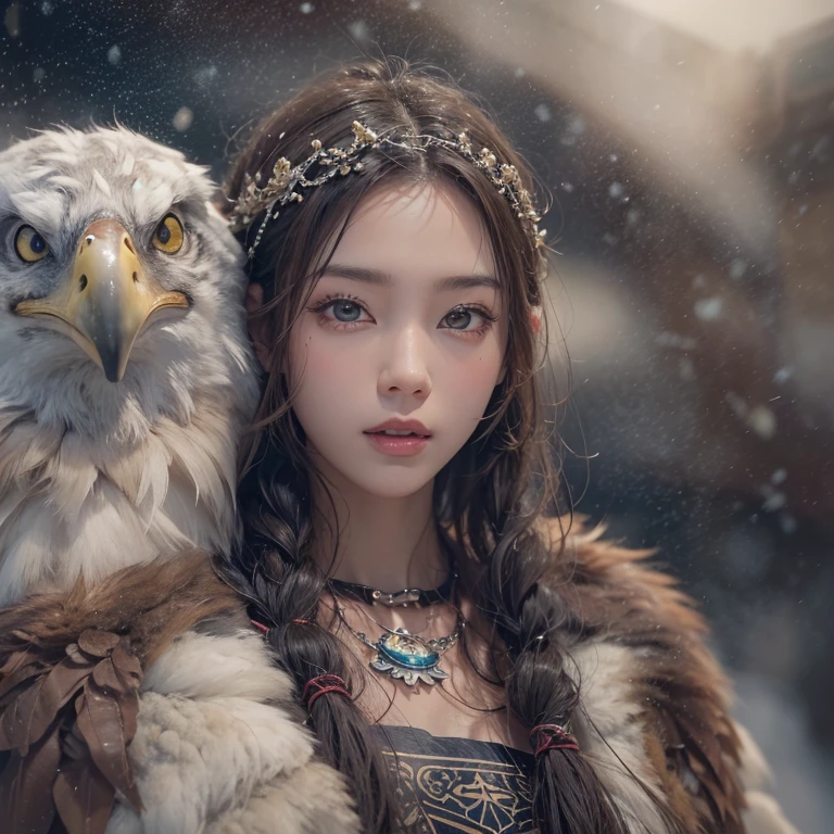 Hiding in the snowy mountains、Hair flow、 ((highest quality、masterpiece、8k、Best image quality、Ultra-high resolution、Award-winning works)、(Accurate anatomy:1.1)、(Look at me and smile:1.1)、Shining fair skin with Ultra-high resolution、The most detailed face、Ultra-high resolution detailed face、Ultra-high resolutionの髪の毛、(Ultra-high resolutionの煌めく瞳:1.1)、Beautiful face drawn in every detail、(Blurred Background:1.1)、Ancient Inuit clothing, Chest to Chest, tattoo, Old ruins in the background、Apart from the real giant eagle