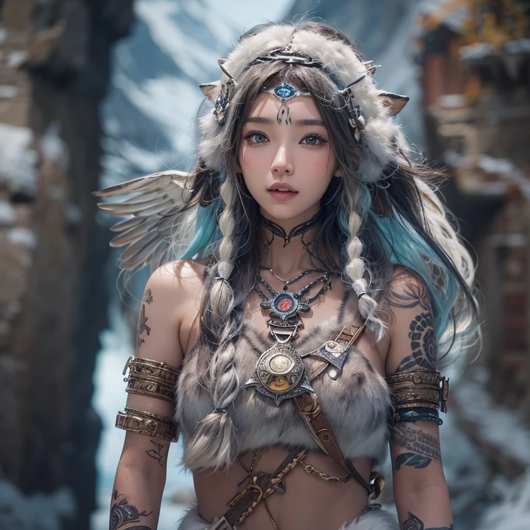 Hiding in the snowy mountains、Hair flow、 ((highest quality、masterpiece、8k、Best image quality、Ultra-high resolution、Award-winning works)、(Accurate anatomy:1.1)、(Look at me and smile:1.1)、Shining fair skin with Ultra-high resolution、The most detailed face、Ultra-high resolution detailed face、Ultra-high resolutionの髪の毛、(Ultra-high resolutionの煌めく瞳:1.1)、Beautiful face drawn in every detail、(Blurred Background:1.1)、Ancient Inuit clothing, Chest to Chest, tattoo, Old ruins in the background、Apart from the real giant eagle
